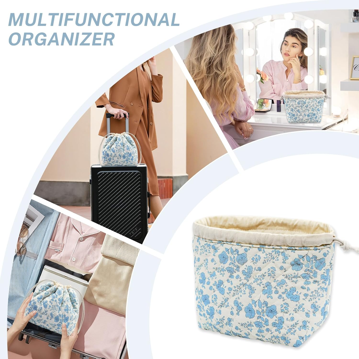 LJCZKA Makeup Bag with Drawstring, Small Quilted Cosmetic Bag, Cute Organiser, Cotton Toiletry Bag, Aesthetic Portable Travel Toiletry Bag for Women and Girls, Blue Flowers, Cute