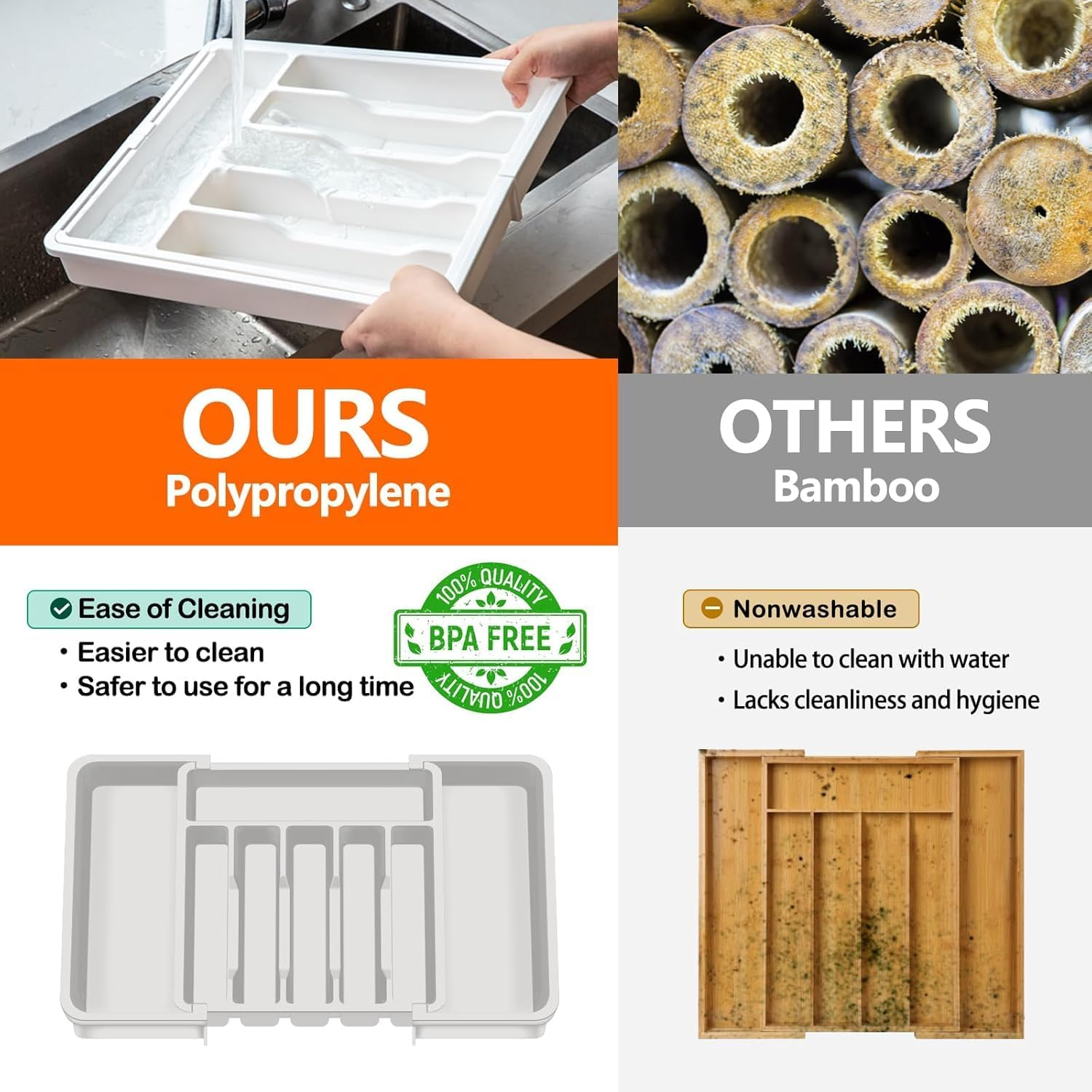 TCOTBE Cutlery Drawer Organiser, Expandable Utensil Tray for Kitchen, Adjustable Silverware and Flatware Holder, Compact Plastic Storage for Spoons Forks Knives, Large (White) image number 5