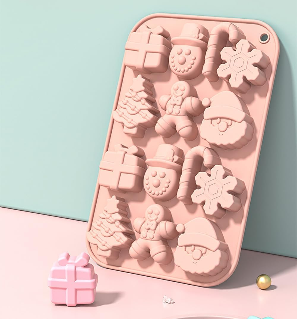 Christmas Silicone Molds,2 PCS 14 Cavities Candy Baking Molds,For Mini Cakes, Handmade Soap, Chocolate, Jello, Candy and Candles,With Snowflake Gingerbread Santa Snowman Molds image number 6