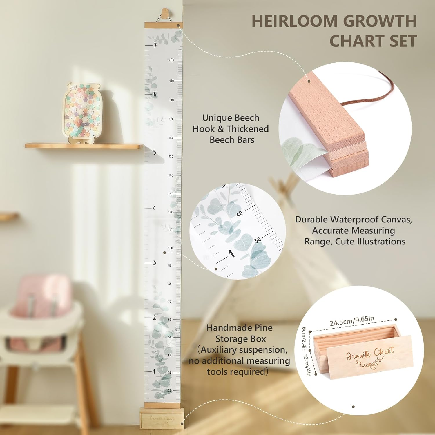 Growth Chart for Wall 7 Ft Height Chart with Keepsake Box & Hook Waterproof Canvas Measure Wall Ruler Removable Neutral Nursery Wall Decor for Baby Kids Toddlers image number 6
