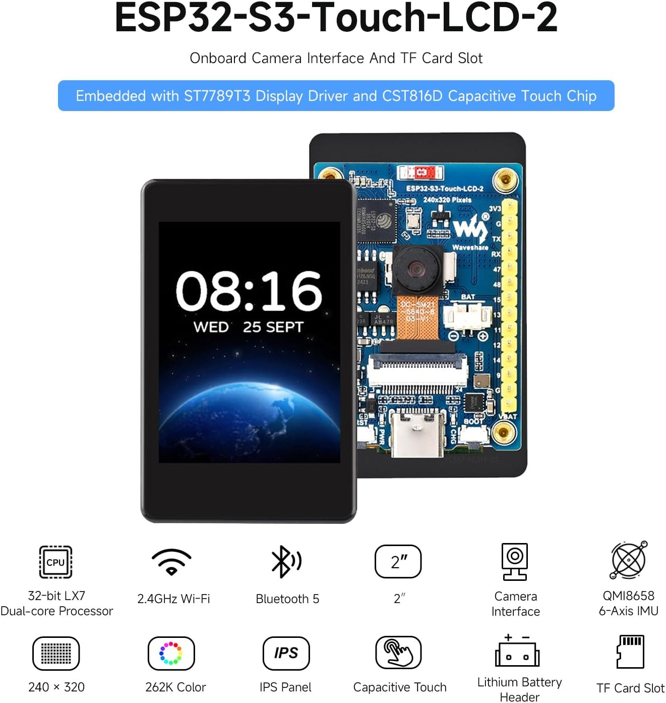 Waveshare ESP32-S3 2Inch Capacitive Touch Display Development Board, 240&times;320 Pixels, IPS Panel, 32-Bit LX7 Dual-Core Processor, up to 240Mhz Frequency, NOT Include OV560 Camera image number 2