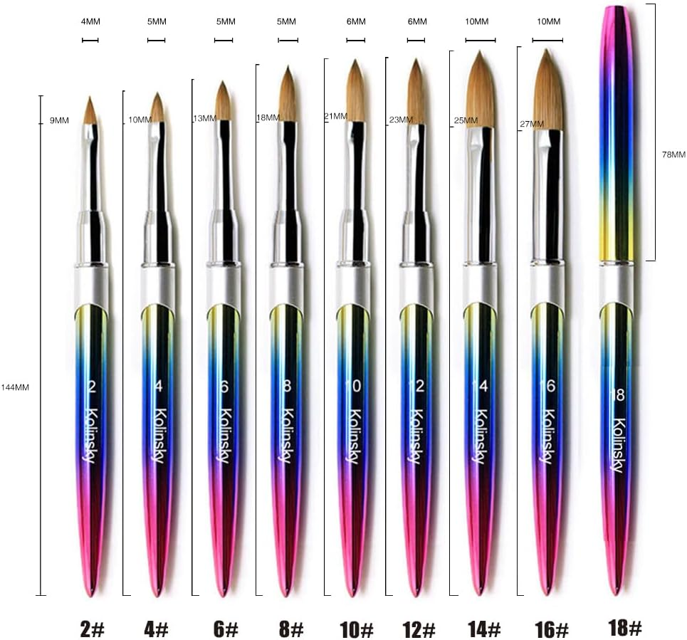 Kolinsky Acrylic Nail Art Brush Manicure Powder Professional Tools Size #2-18 Gradient Metal Handle Ideal for Nail Artists & Salons image number 3