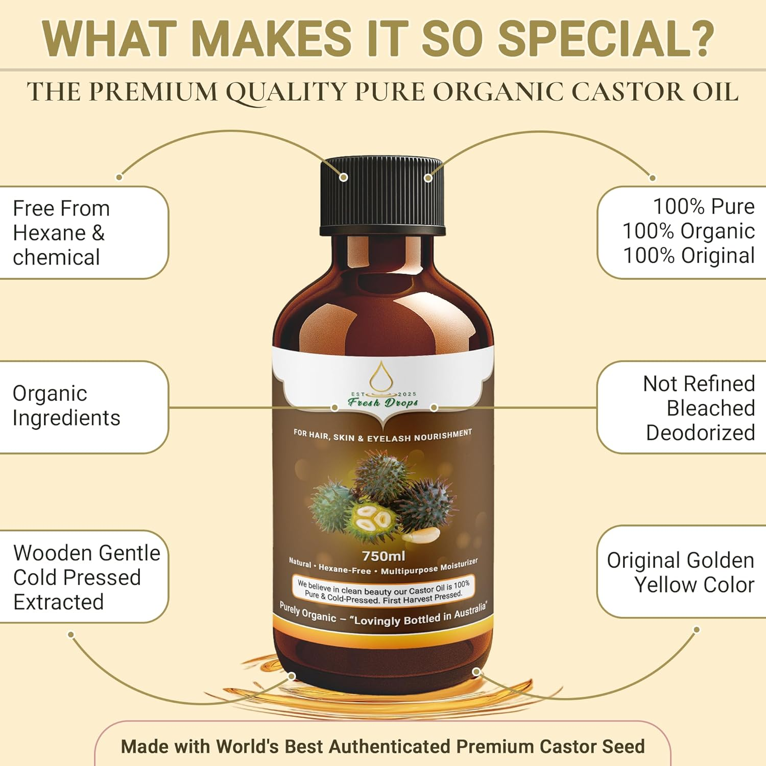 Fresh Drops Organic Castor Oil 750Ml, Pure Cold Pressed, Hexane Free, Stimulate Growth for Eyelashes, Eyebrows, and Hair, Smooth Face, and Skin,Eyelashes Serum | Free 30 Ml Castor Oil Sample Glass Bottle,Eyelashes Brush