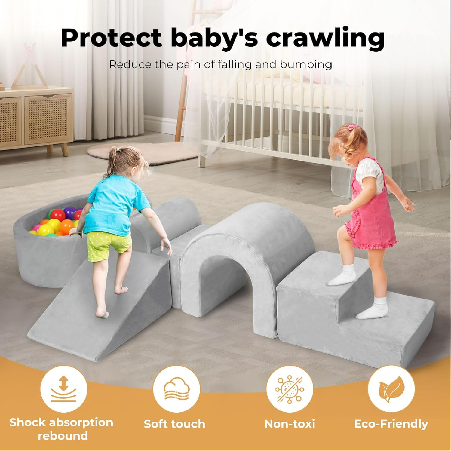 Bopeep Kids Foam Blocks Play Set, Soft Climbing Toys for Toddlers 12Months+, for Indoor Crawling, Sliding and Play, 6 PCS Kids Interactive Playset(Balls NOT Included), Home, Kindergarten, Playroom image number 3