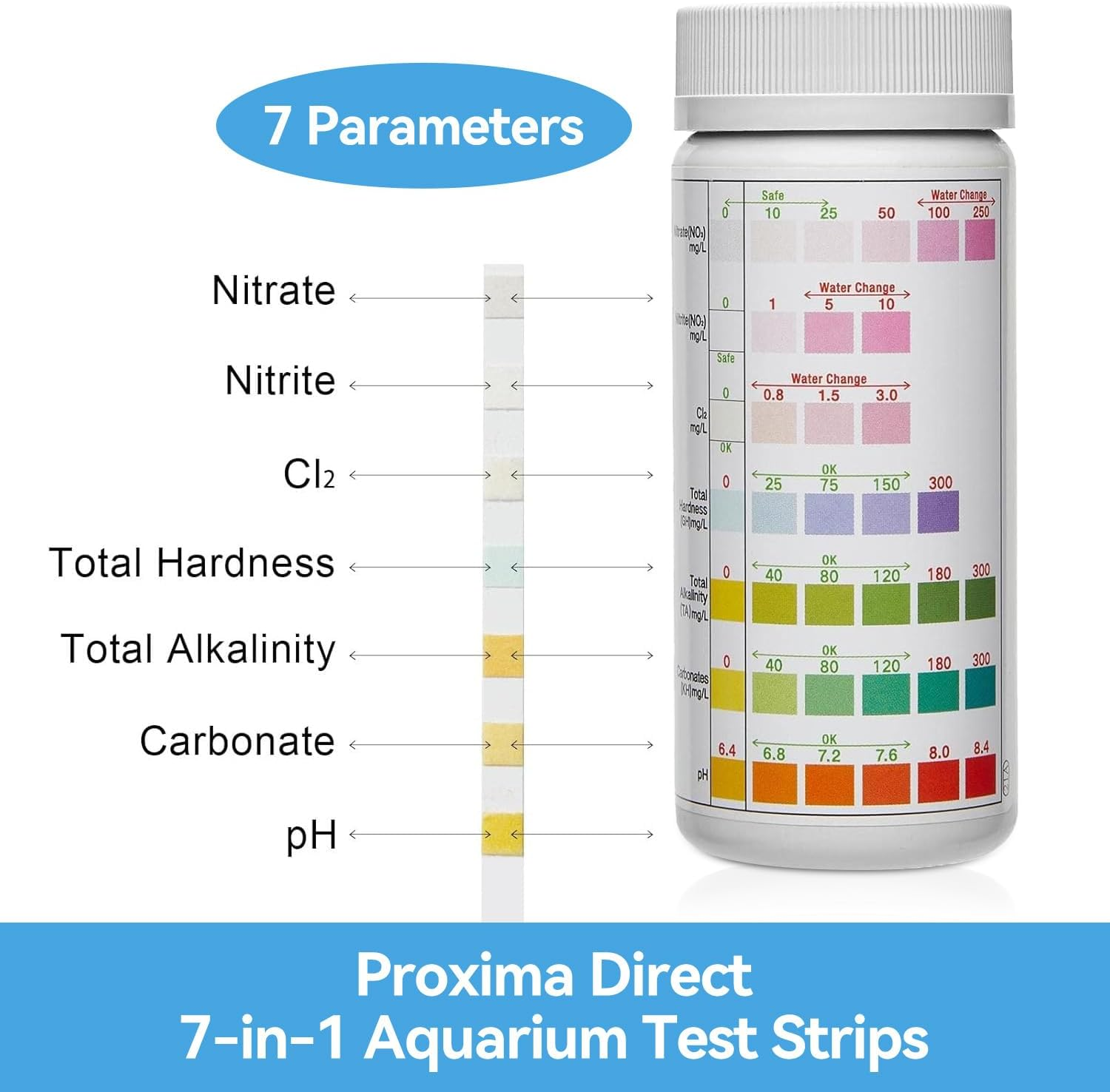Proxima Direct 7 in 1 Aquarium Test Kit 200 Pack Fish Tank PH Test Strips with 2 Bottles Water Test Kit to Detect PH Nitrite Nitrate Chlorine Carbonate Total Alkalinity Hardness