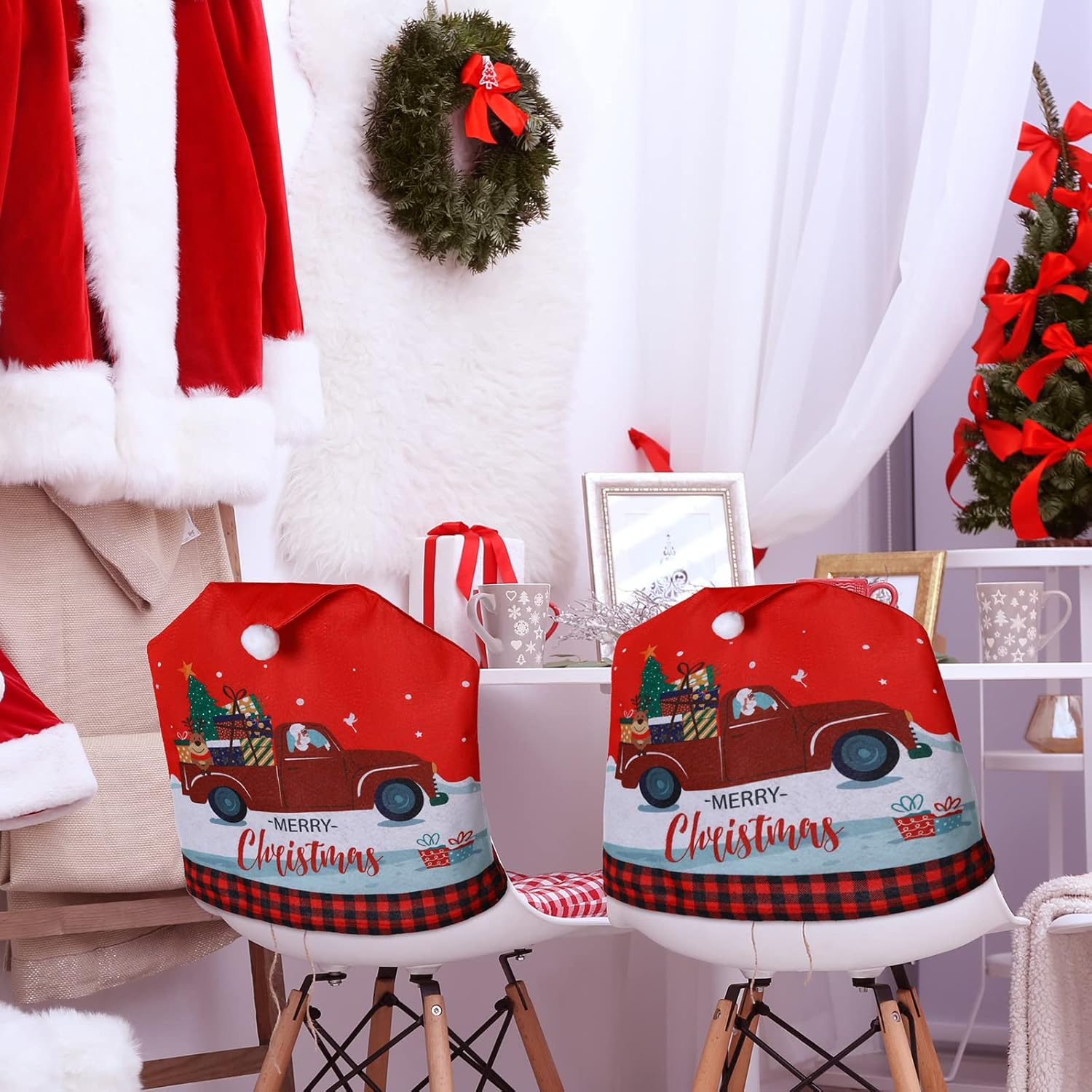 6 Pcs Christmas Chair Covers Santa Hat Red Slipcovers Chair Back Covers Xmas Chair Covers Decoration for Home Dinner Christmas Banquet Party Festival Decor, 23.6 X 19.6 Inch image number 6