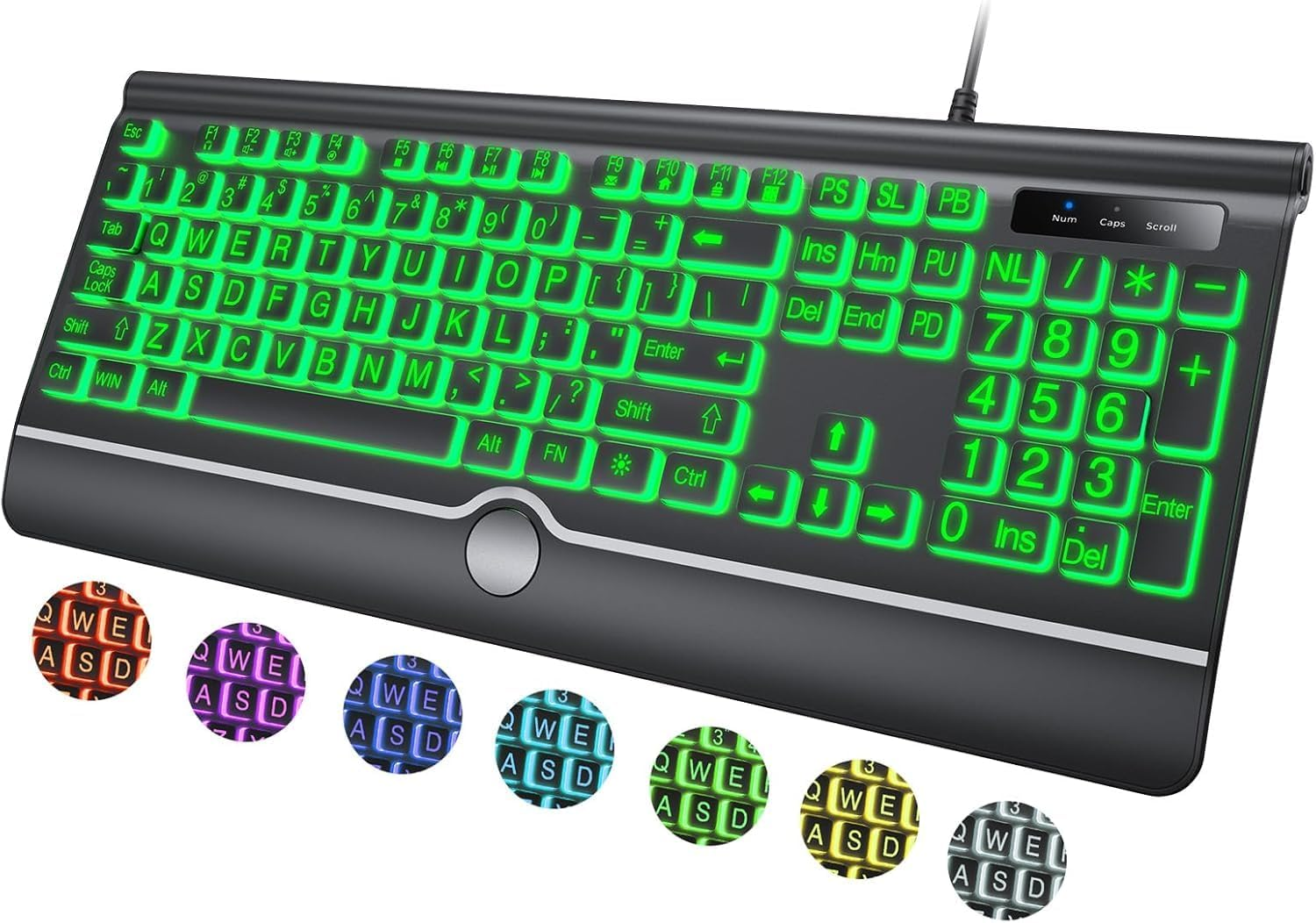 Large Print Backlit Computer Keyboard, 7-Color Backlit Keyboard with Wrist Rest, USB Plug-And-Play, Oversize Letters Keys Easy to See and Type, Wired Light up Keyboard for Laptop, PC, Gaming (Large) image number 5