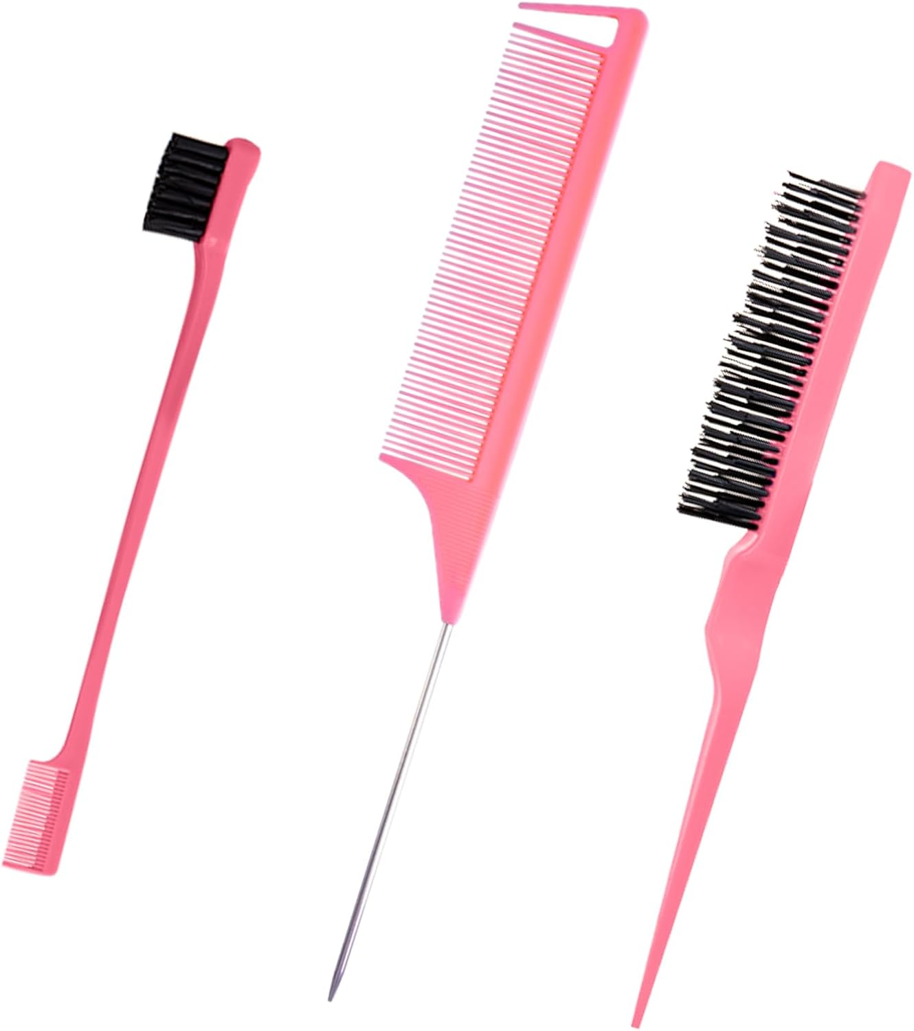 Debbery 3 Pcs Hair Brush Set, Slick Back Hair Brush Edges Brush, Back Combing Brushes, Rat Tail Comb Double Sided Edge Brush for Teasing Hair Slicking Brushing Combing Styling (Pink) image number 6