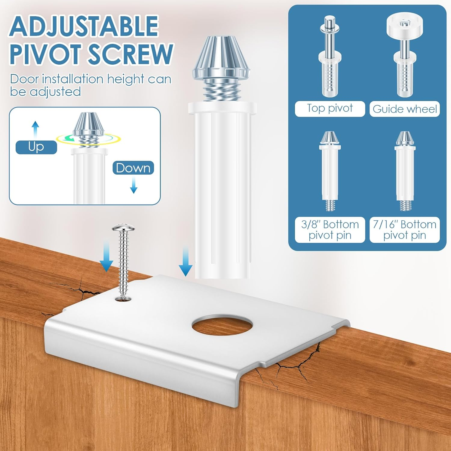 8Pcs Bi Fold Closet Door Repair Kit, Bifold Door Hardware Kit or 1-3/8" Include 8 Pcs Repair Bracket 2 Set Top Pivot Guide Wheel and Bottom Pivot Pin 3/8" and 7/16" for Repairing Folding Sliding image number 6