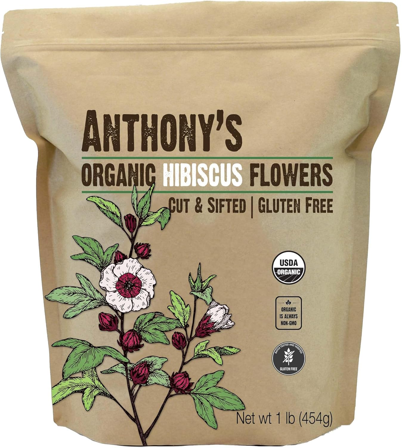 Anthony'S Goods Organic Hibiscus Flowers, 1Lb, Cut & Sifted, Gluten Free, Non GMO, Non Irradiated, Keto Friendly