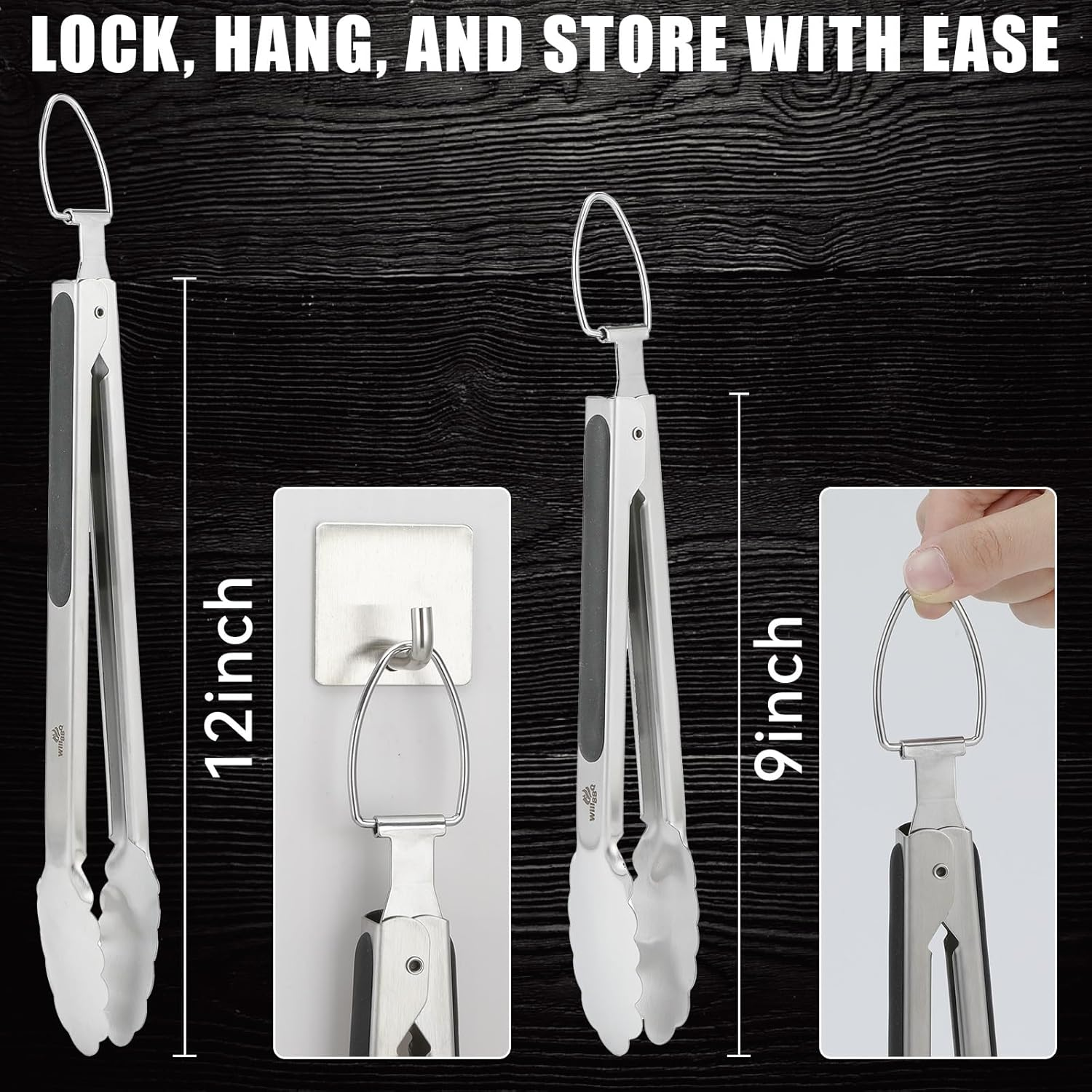 Willbbq Stainless Steel BBQ Tongs Set of 2 &ndash; 9" & 12", Heavy Duty Cooking Tongs with Locking Ring & Non-Slip Grip, Ideal for Grilling, BBQ, Kitchen & Serving