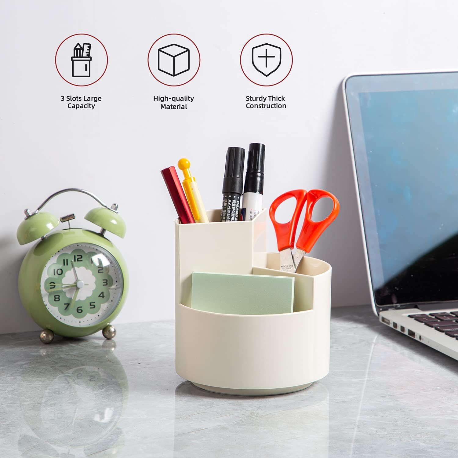 Desk Pencil Pen Holder, 3 Slots 360-Degree Spinning Pencil Pen Desk Organizers, Desktop Storage Pen Organizers Stationery Supplies, Cute Pencil Cup Pot for Office, Art Supply - White image number 6