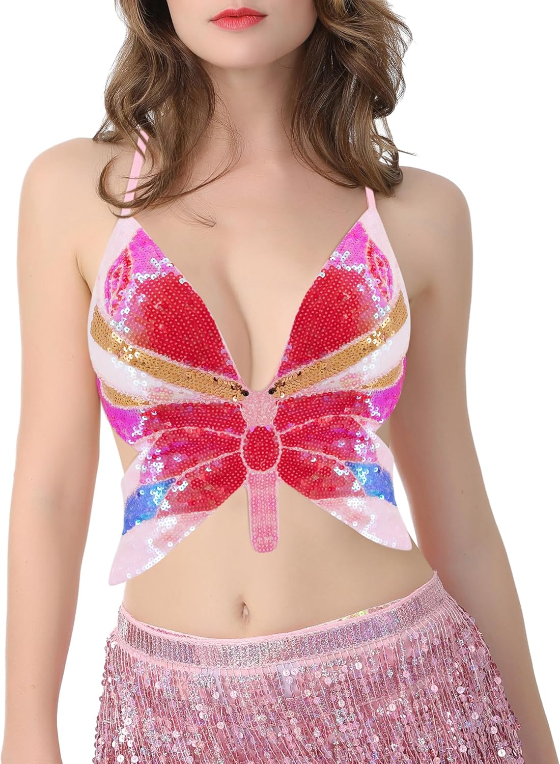 Monanoat Women&rsquo;S Sexy Butterfly Shape Sequin Crop Top Bandage Lace up Tank Top Belly Dance Top Costume Outfits - A Pink Mix image number 7