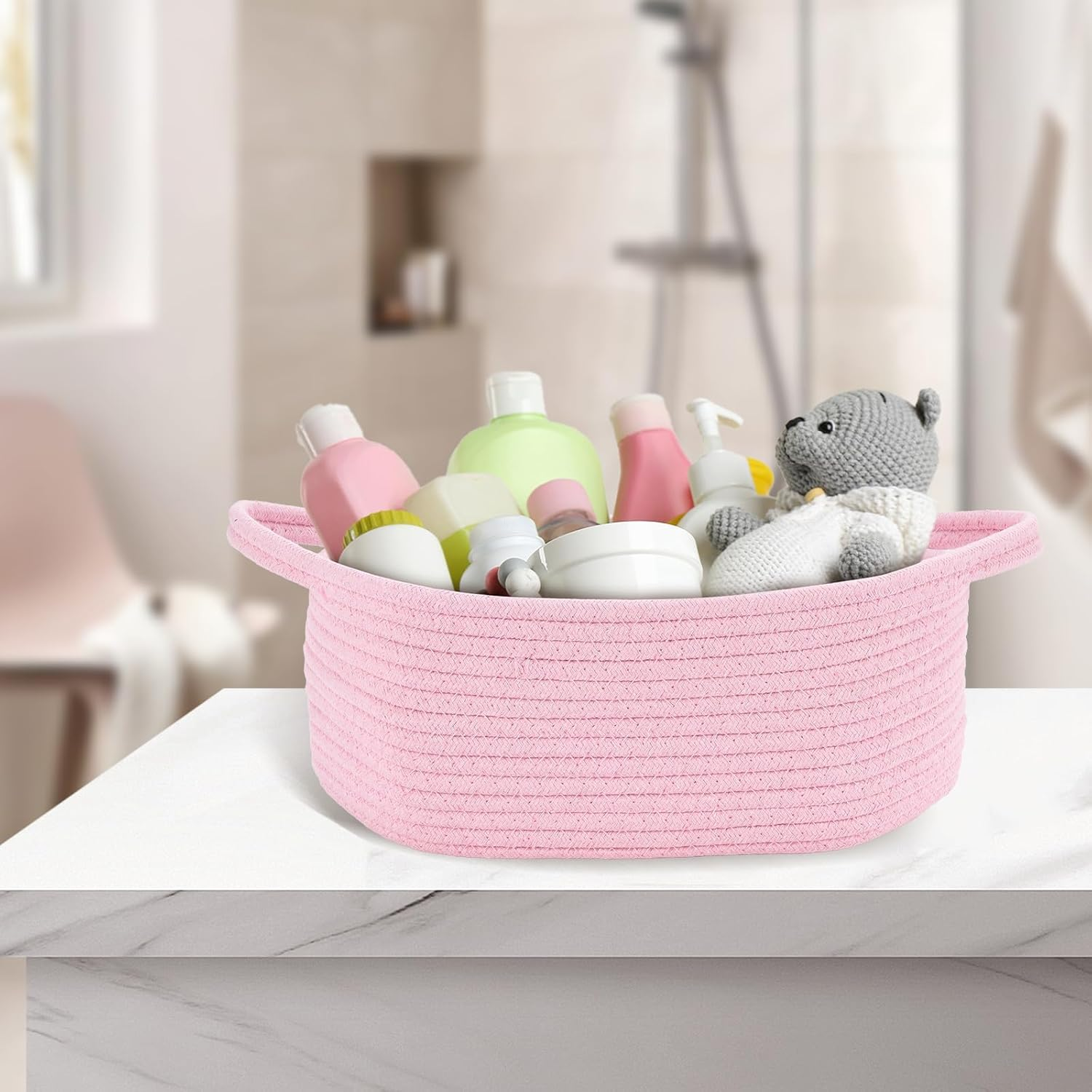 Basket with Gift Bag and Ribbon, Decorative Gift Basket with Handle for Baby Shower Nursery Gifts, Empty Storage Gift Box (Pink) image number 2