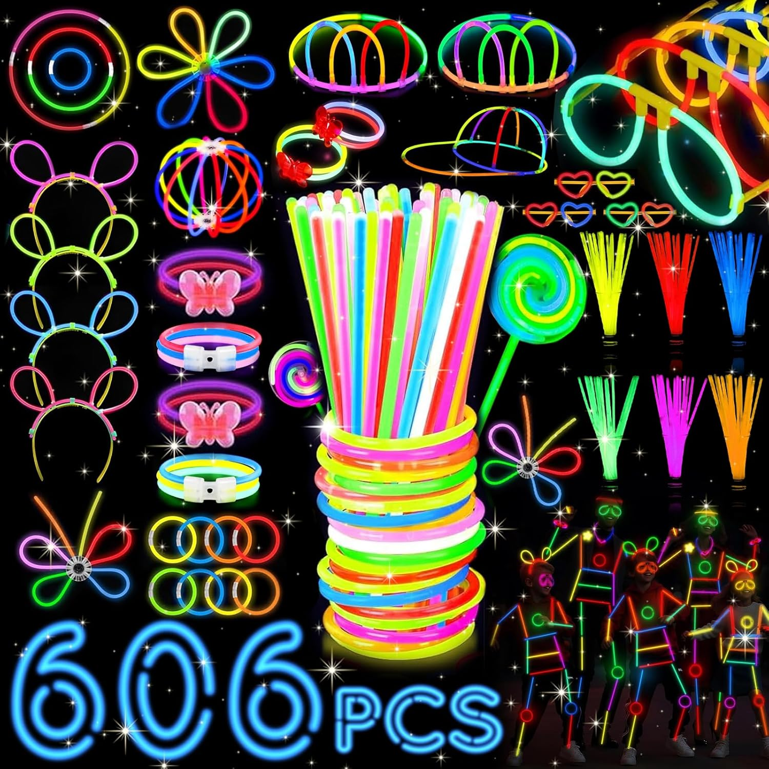 Wukon Glow Sticks Set 606 PCS - 8" Ultra Bright Bulk Glow in the Dark Party Supplies with Connectors for Bracelets, Necklaces, Glasses & Headbands, Glow Stick Party Favors for Kids & Adults Festivals image number 1