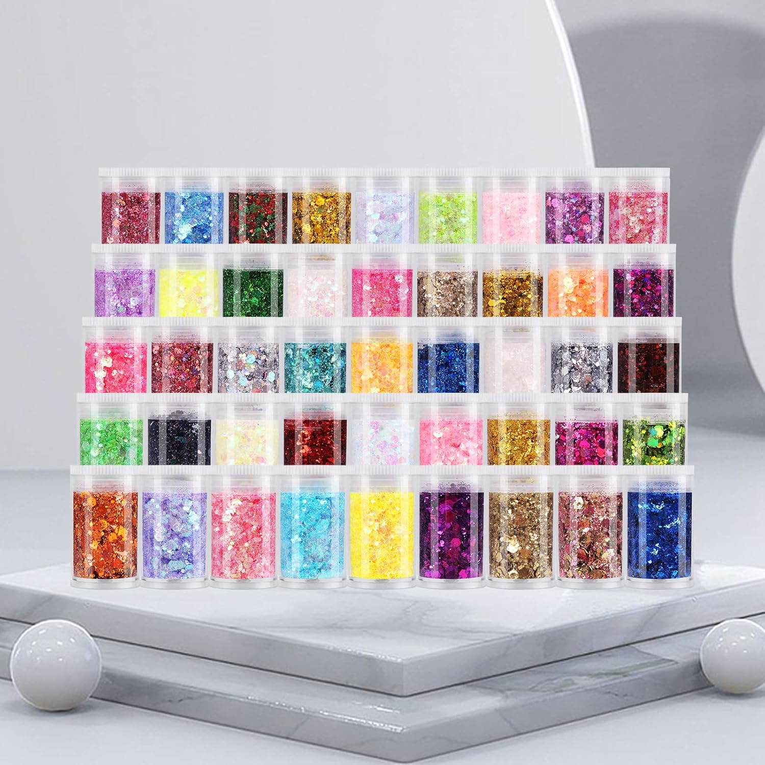 LICOOL GLITTER Chunky Fine Mixed Glitter, Set of 45 Holographic, Metallic, Iridescent Colors for Epoxy Resin DIY Craft, Nail Art, Face & Eye Makeup, Slime, Jewelry, Tumbler Making