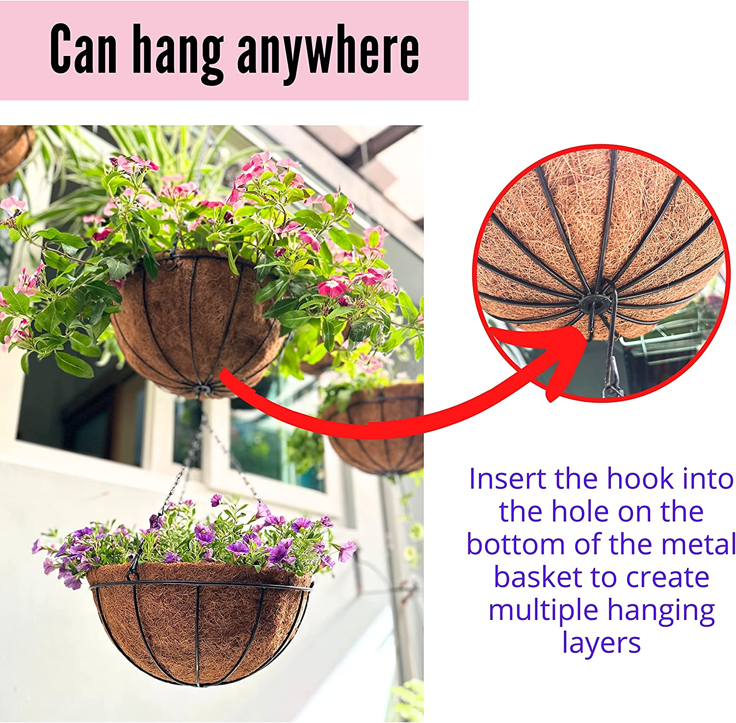 Hanging Basket for Plant - 3 Pack, 10 Inch, Hanging Metal Wire Planters with Coco Liner, Flower Pots Hanger round Plant Holder Porch Home Decor Garden Outdoor Macetas Colgantes Para Plantas image number 6