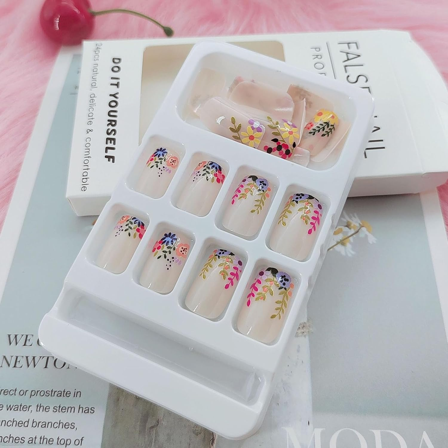 Square Press on Nails Short Cute Floral Nails Acrylic False Nails with Rainbow Flower Designs Artificial Nails Press Ons Reusable Glue on Nails for Women and Girls 24 Pcs image number 3