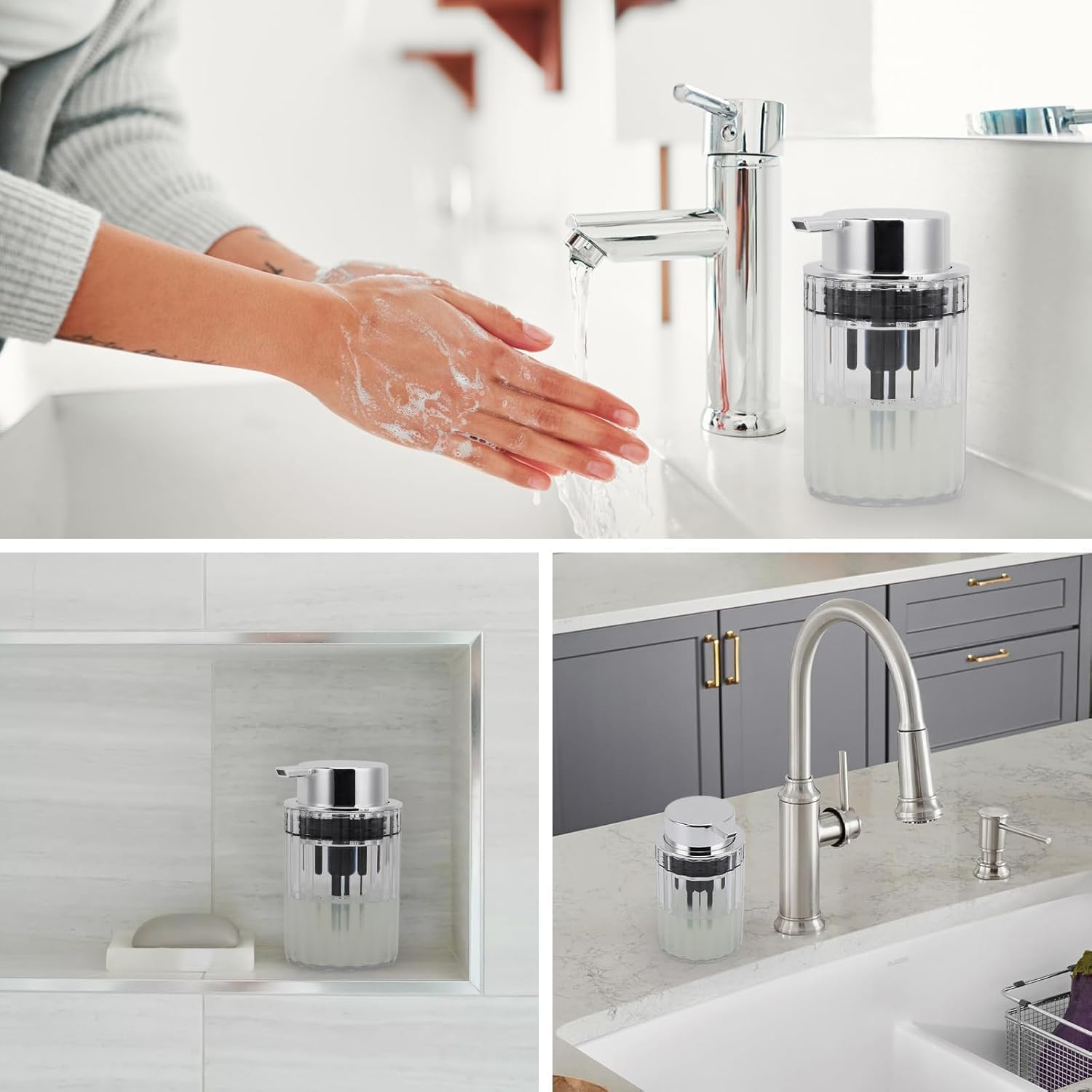 Foaming Hand Soap Dispenser Clear, Refillable Plastic Soap Dispenser Pump Bottle, 250Ml Empty Foam Soap for Bathroom Kitchen Counter Decor (Transparent Silver, One Size) image number 4