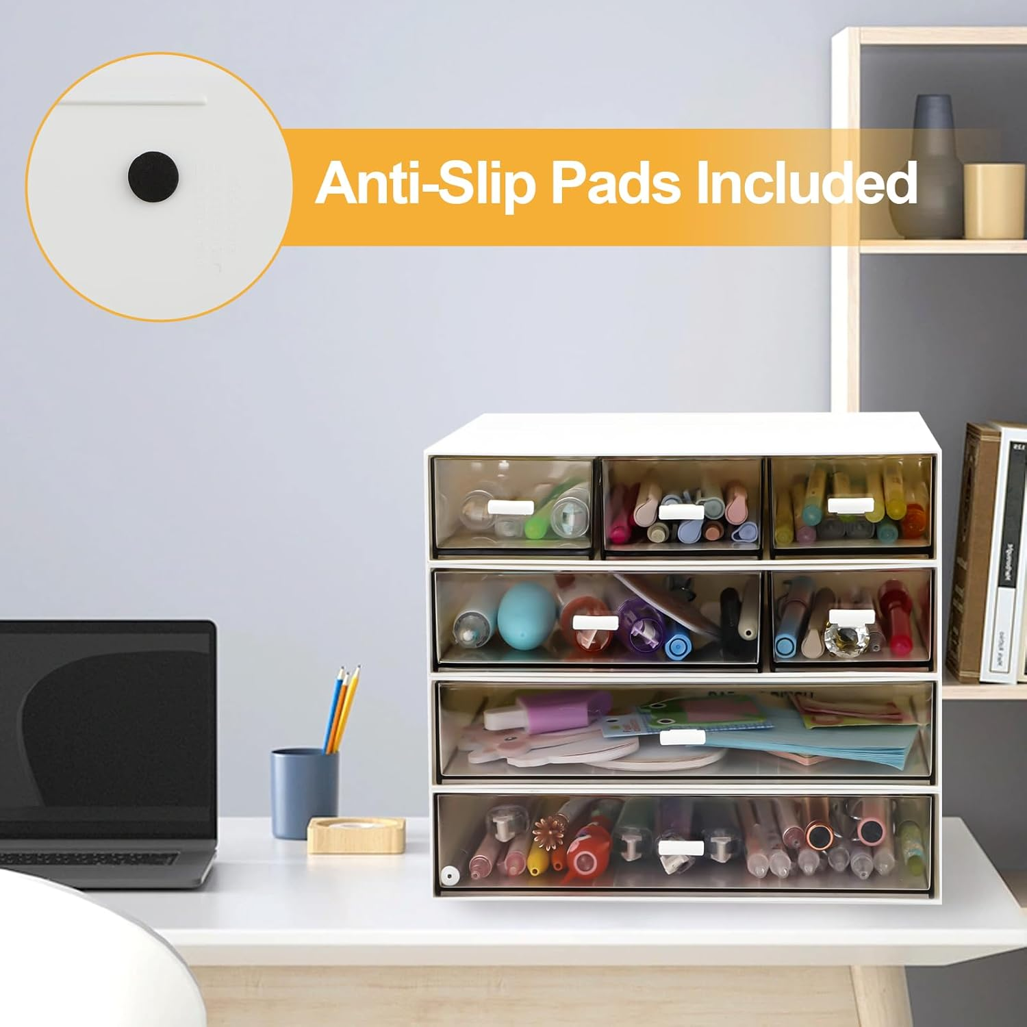 4 Tier Desktop Organizer with 7 Drawers, FHDUSRYO Stackable Desk Storage Box with Non-Slip Pads, Tidy Makeup Desk Organizer File Rack for Office Supplies, Home Storage