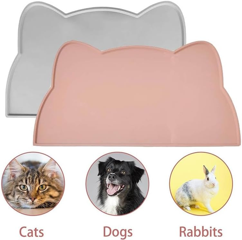 2 Pcs Cat Food Mat,Silicone Cat Feeding Mat,Pet Placemat Silicone Pet Food Mat for Floor,Waterproof Non Slip Pet Feeding Mat, Raised Edge Cat Bowl Mat to Stop Food Spills,Easy Clean,Cat Pattern image number 5