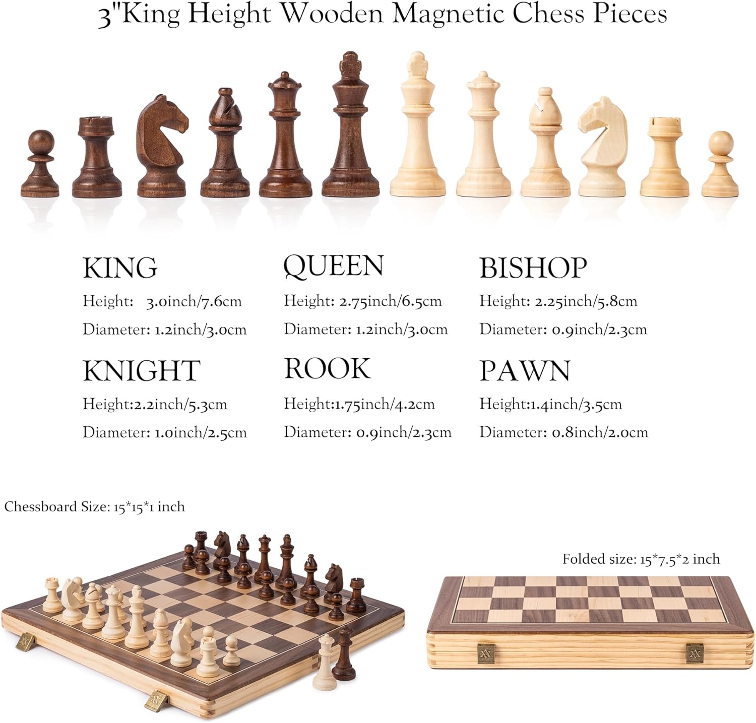 A&A 15" Magnetic Wooden Chess Set/Folding Board / 3" King Height German Knight Staunton Chess Pieces/2 Extra Queen image number 4