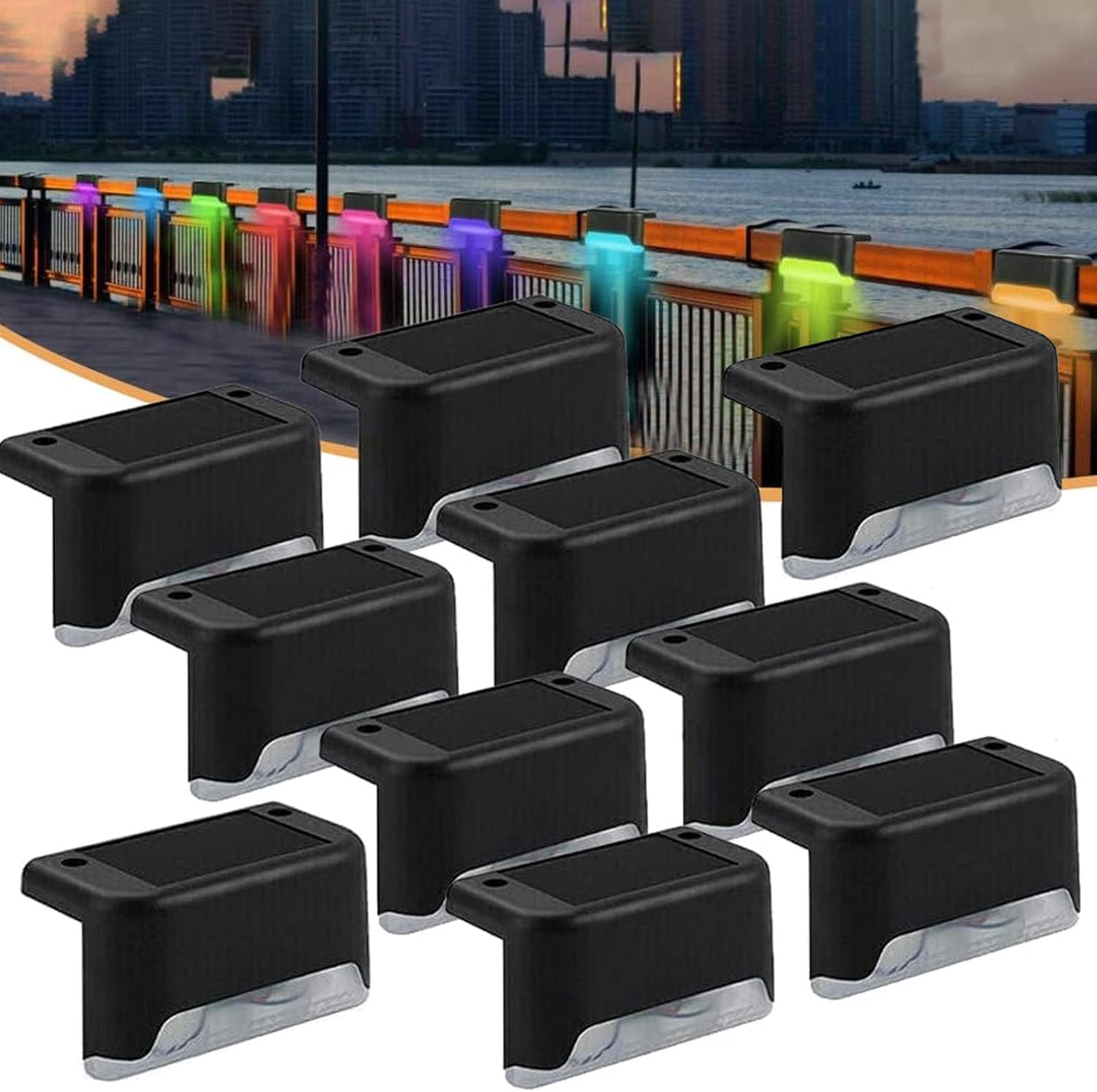 10 Pcs Solar Deck Lights, LED Waterproof LED Solar Step Lights Lamp Outdoor Lighting for Stair, Deck, Patio, Yard, Pathway, Fences, Driveway and Porch Railing (Color Light)