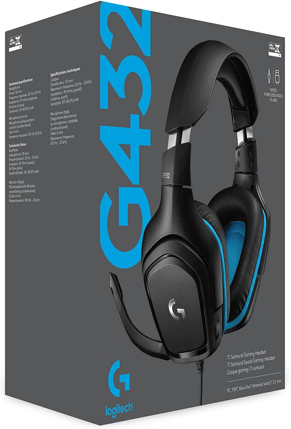 Logitech G432 Wired Gaming Headset, 7.1 Surround Sound, DTS Headphone:X 2.0, 50 Mm Audio Drivers, USB and 3.5 Mm Audio Jack, Flip-To-Mute Mic, Lightweight, Pc/Mac/Xbox One/Ps4/Nintendo Switch - Black