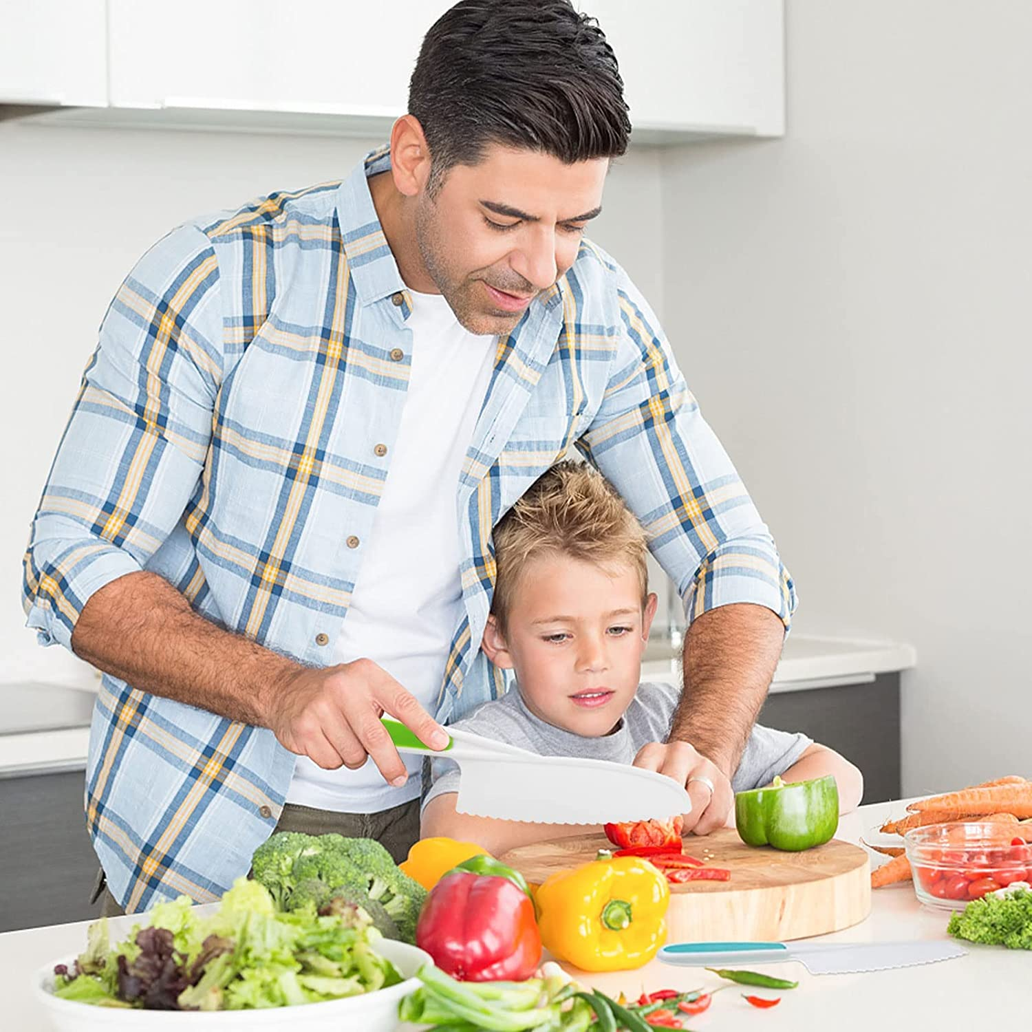 11 Pieces Wooden Kids Kitchen Knife, Kids Knife Set Include Wood Kids Safe Knife, Serrated Edges Plastic Toddler Knife, Crinkle Cutter, Sandwich Cutter, Y Peeler, Cutting Board (Crocodile) image number 1