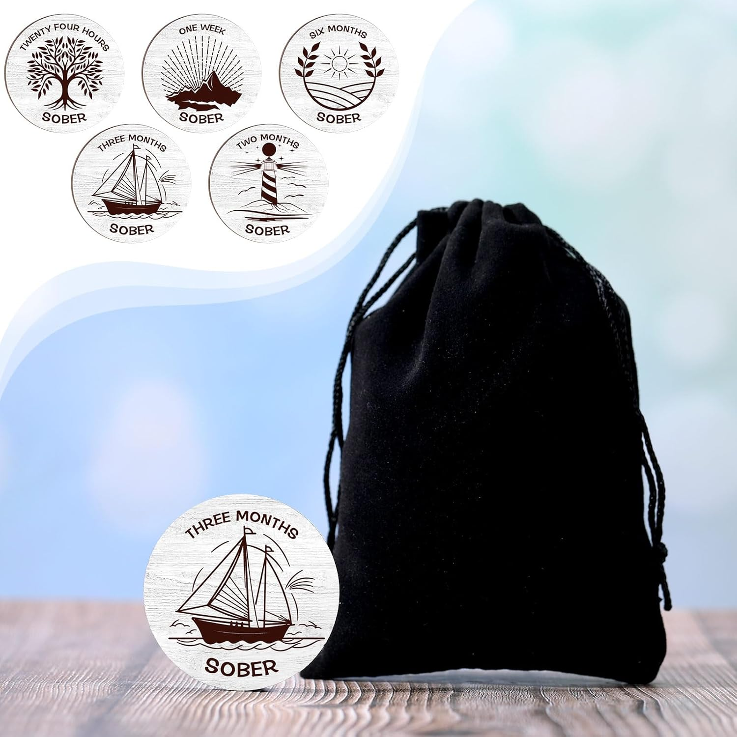 28 Pcs Wooden Sobriety Coin Gift Set, Recovery Sobriety Chip One Year AA Chips and Medallions Anniversary Sobriety Gifts for Men Alcoholics Anonymous Addiction Recovery Gift(White) - Wood Color image number 2