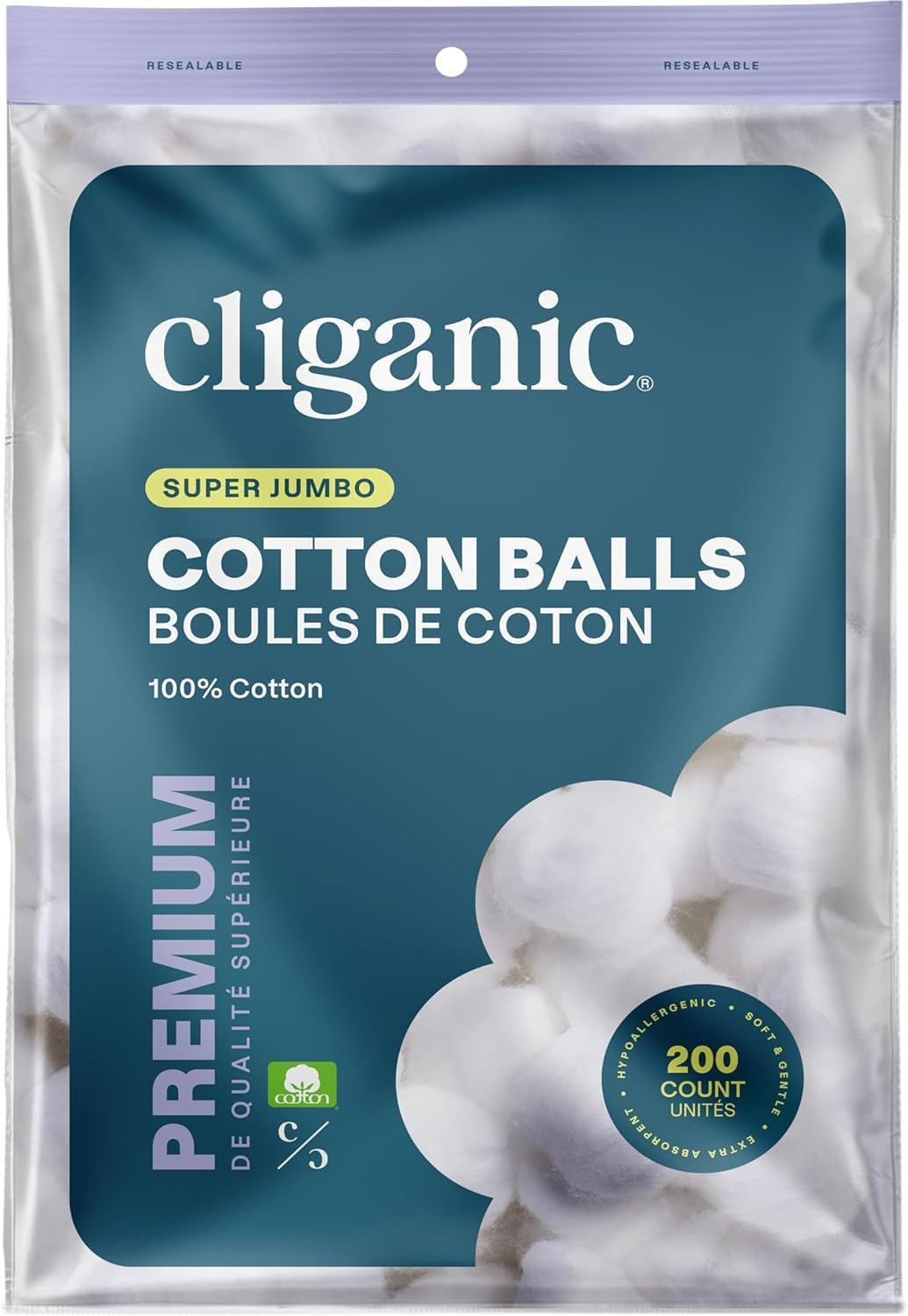 Cliganic Super Jumbo Cotton Balls (200 Count) - Hypoallergenic, Absorbent, Large Size, 100% Pure (Packaging May Vary) image number 5