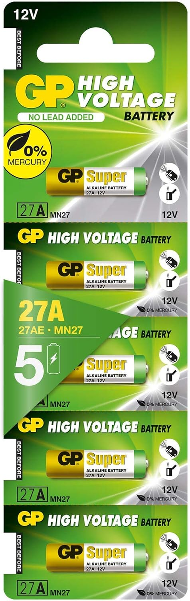 GP Batteries GP27A-C5 High Voltage Super Alkaline Battery (Strip of Five) image number 1