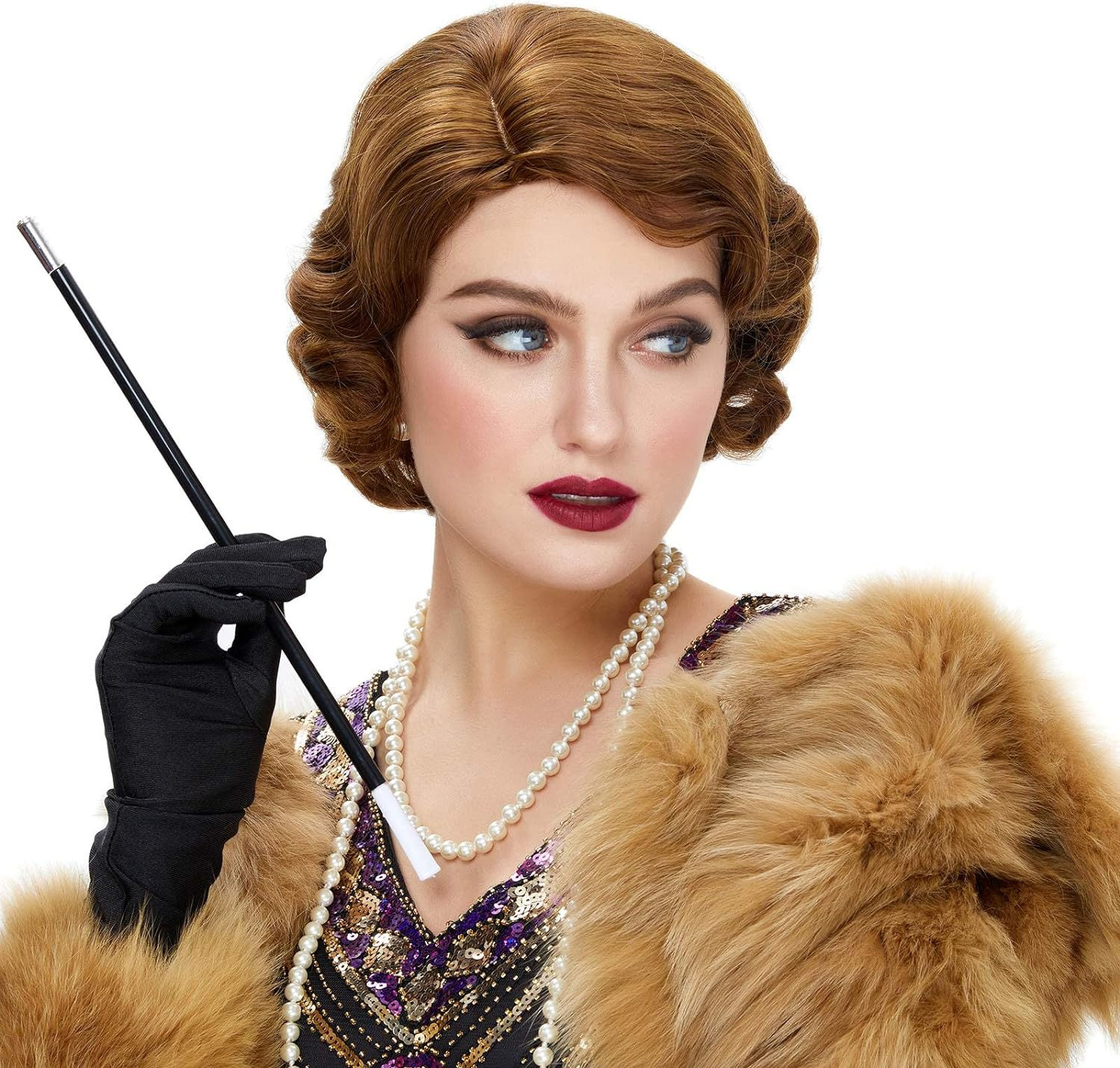 Stfantasy 1920S Brown Retro Finger Wave Wigs Long Curly Natural Wavy Synthetic Wig for Women Daily Costume Party (Black)