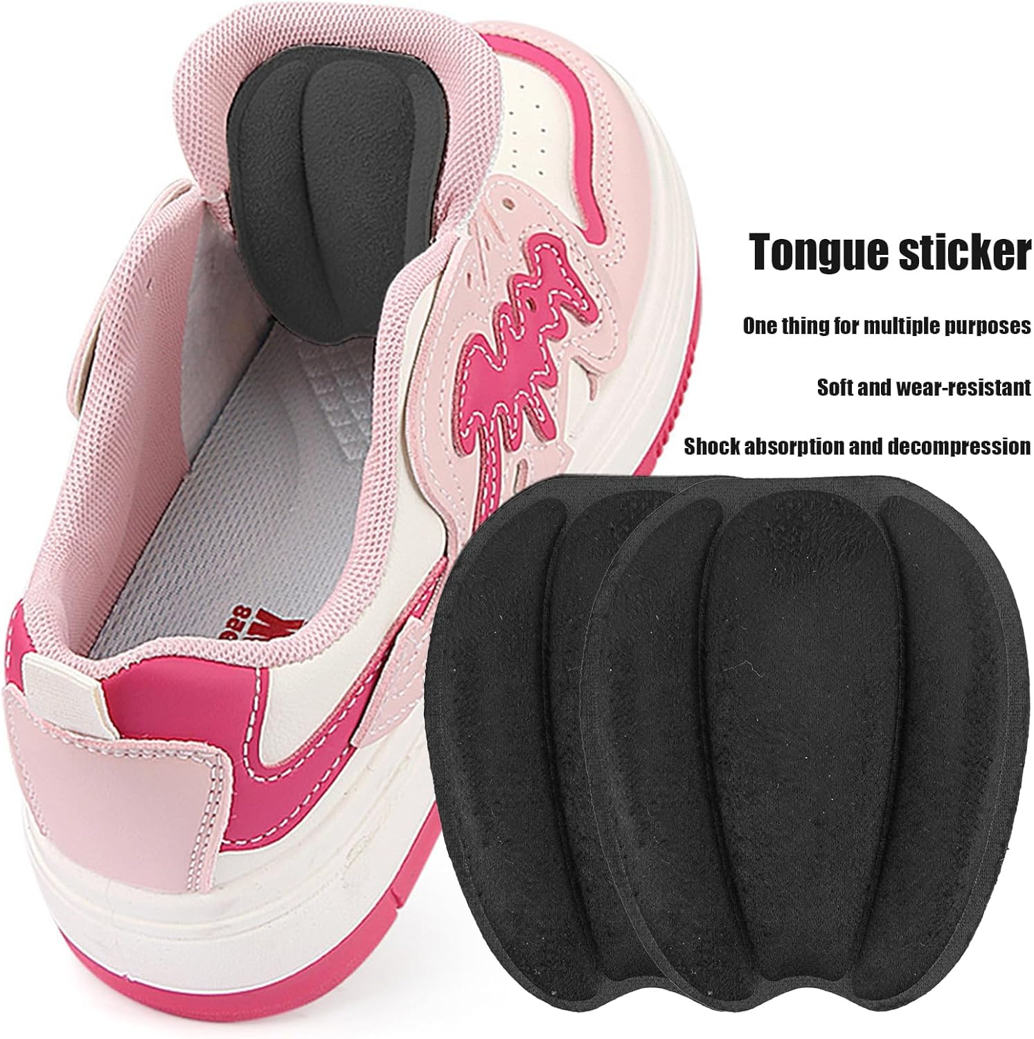 5 Pairs Shoe Tongue Pads,Memory Foam Shoe Padding,Self-Adhesive Inserts for Blister Prevention, Comfort Insoles for Shoes Sneakers, Casual Shoes and High Heels(Black) - Black image number 3