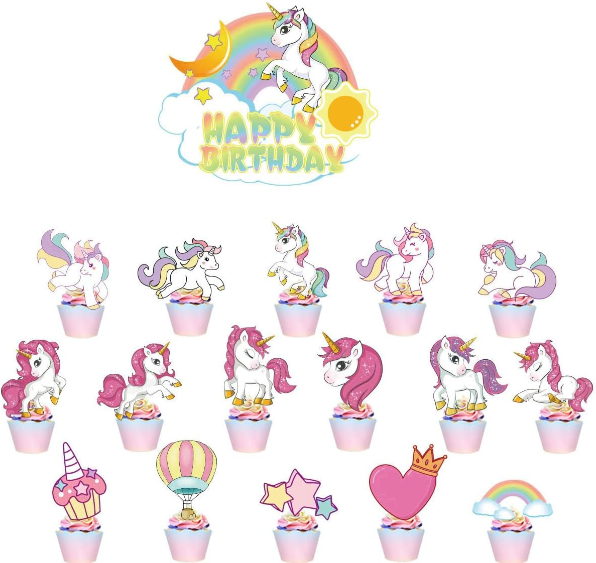 17Pcs Unicorn Theme Cupcake Toppers Unicorn Party Cake Decorations Rainbow Birthday Party Decoration Birthday Cake Toppers for Girls image number 4
