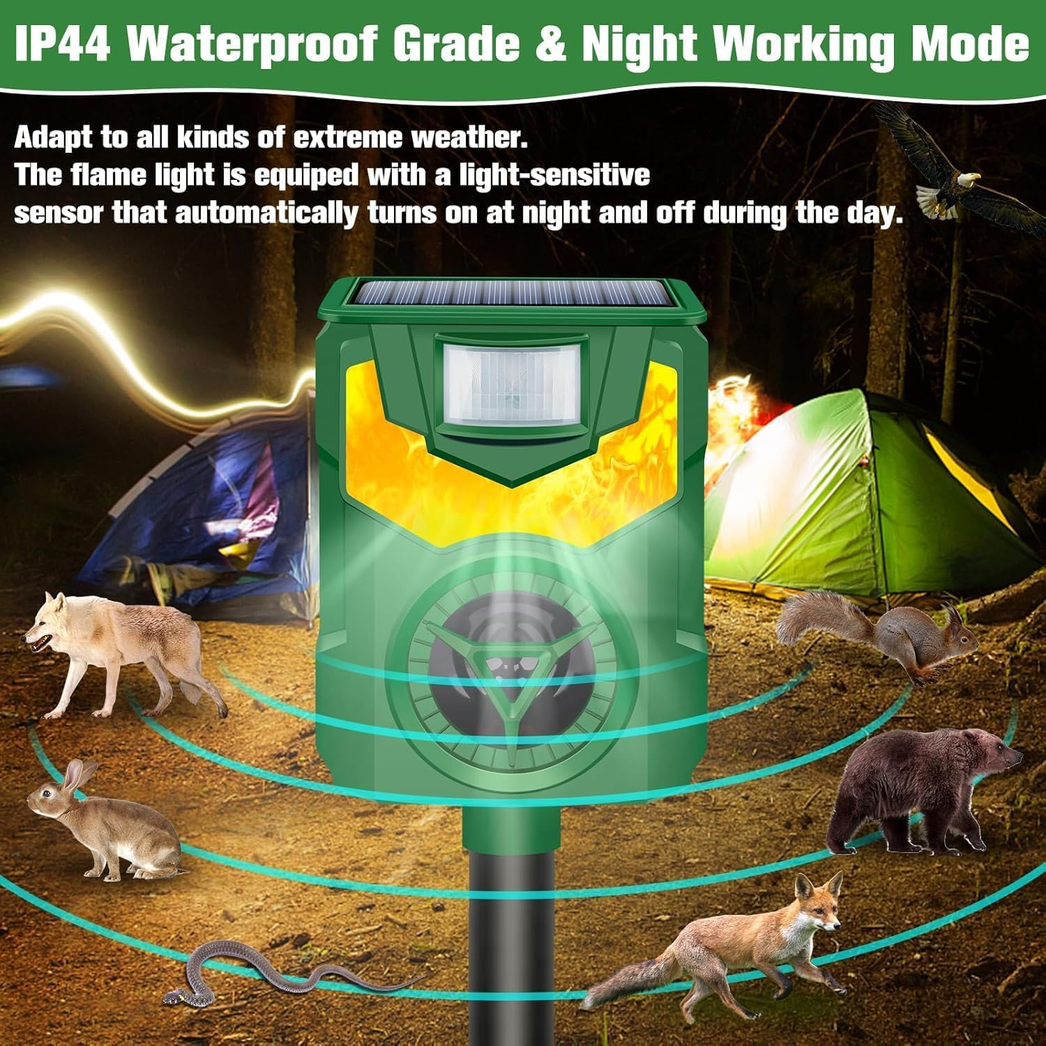 UOEPOWA Ultrasonic Cat Deterrents, 5 Sensitivity Modes Solar Cat Repellent Outdoor with Motion Detection, Bird, Fox, Raccoon, Mouse, Deer. for Chicken Coop, Farm,And Yard (1PC Green) image number 6