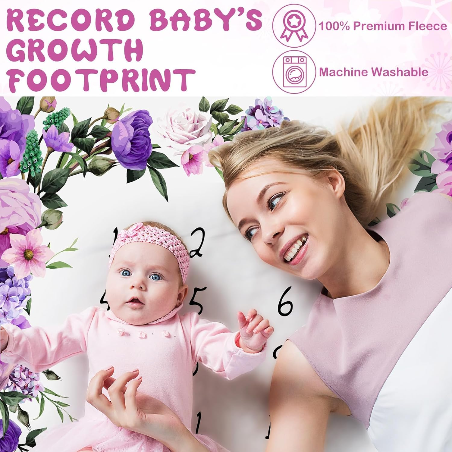 Baby Monthly Milestone Blanket for Baby Girl 59"X39" Floral Photo Prop Age Milestone Blanket with 2 Felt Floral Wreath Frame(Purple,Flower)