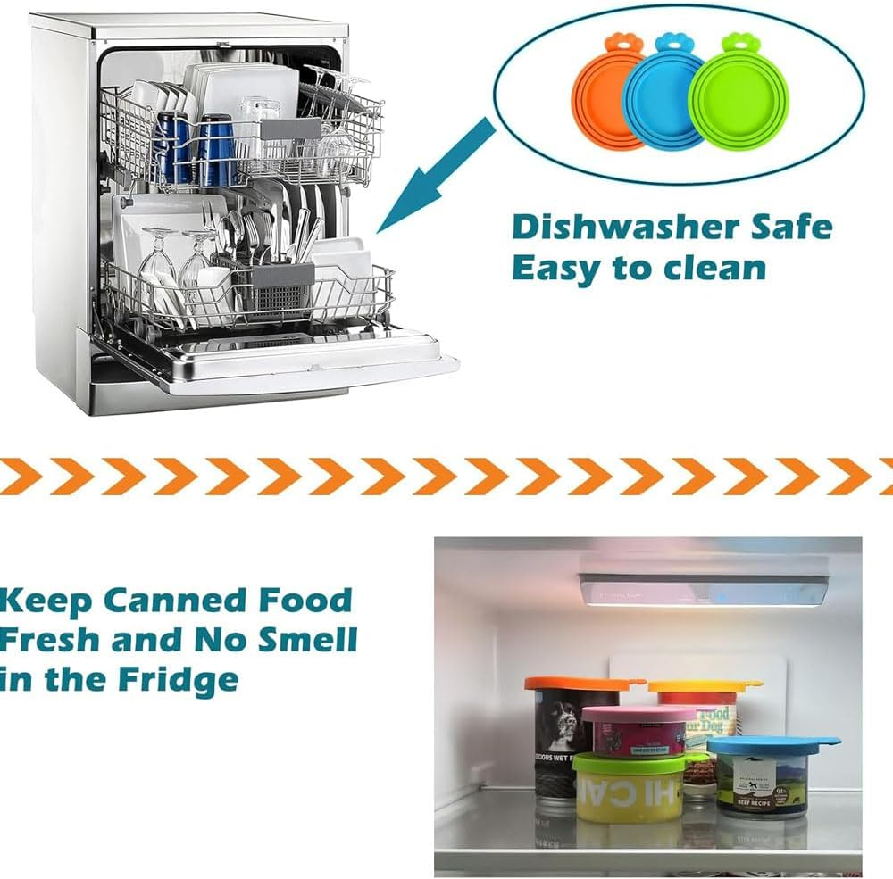 3 Packs Silicone Pet Can Lid and Spoons, Dog Cat Food Can Cover, Universal Size Can Tops, 1 Fit 3 Standard Size Food Cans, BPA Free Dishwasher Safe (Blue, Green, Orange) image number 2