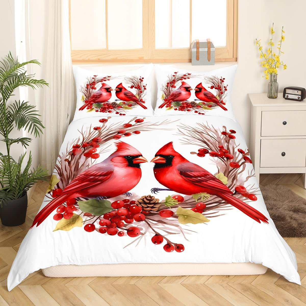 Jejeloiu Red Cardinals Bedding Set Full Size Kids Pine Cones Comforter Cover Set for Boys Girls Teens Cute Birds Duvet Cover Romantic Love Bedspread Cover Room Decorations Quilt Cover