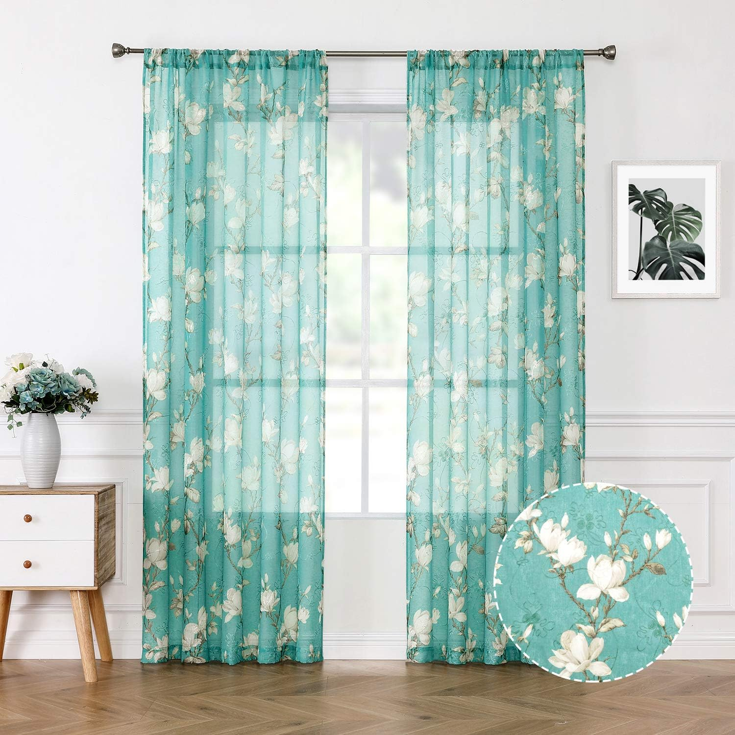 Tollpiz Floral White Sheer Curtain Flower Print Vine Embroidery Bedroom Curtains Rod Pocket Voile Window Curtain for Living Room, 54 X 84 Inches Long, Set of 2 Panels