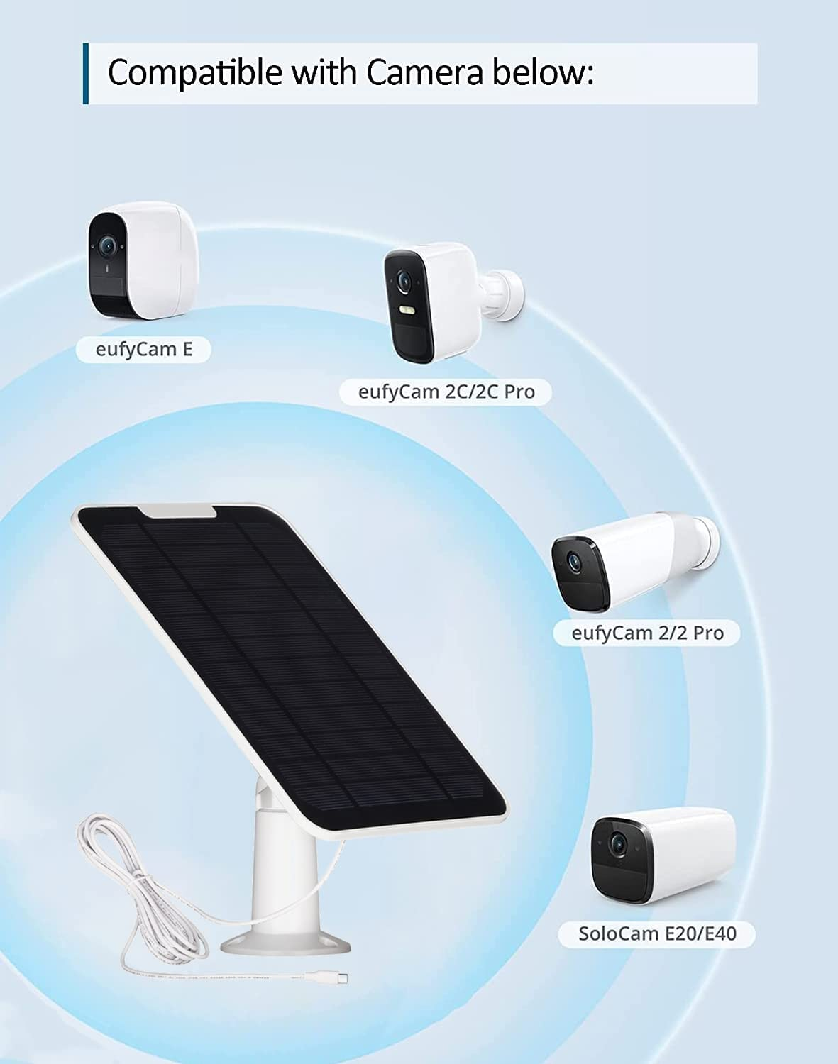 Upgrade 5V 5W Solar Panel for Security Camera, Compatible with Eufycam 2C/2C Pro/2/2 Pro/E20/E40/E, Solar Panel with Micro USB Port, USB-C Adapter and 9.8Ft/3M Charging Cord, 2 Pack, White image number 6