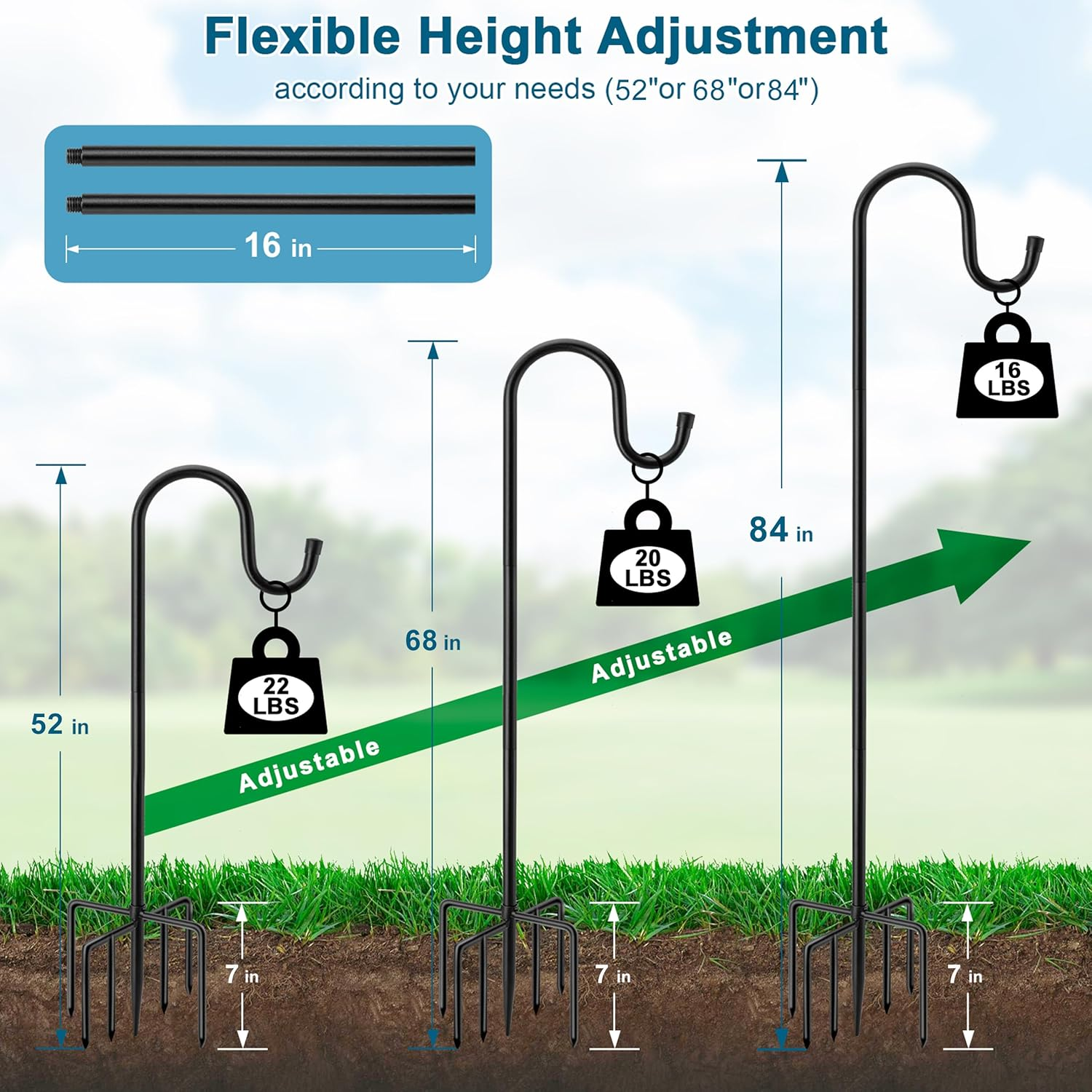 84" Shepherds Hooks for Outdoor, Heavy Duty Garden Bird Feeder Pole Hanging Bird Feeder, Solar Light Lanterns, Outdoor Plant Hanger Hook with 7 Base Prongs, 1 Packs
