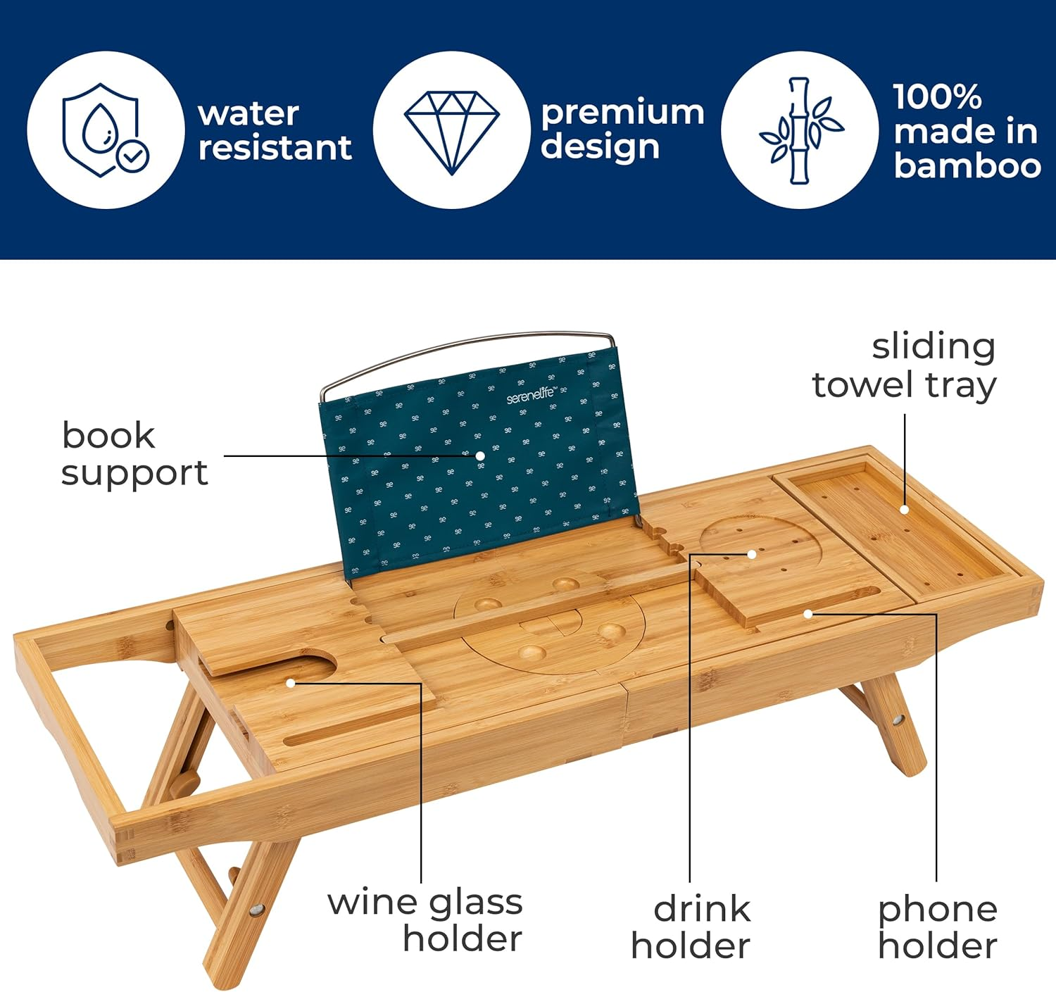 Serenelife 2 in 1 Bed and Bath Tray - Foldable Bamboo Bathtub Caddy with Adjustable Length, Non-Slip, Device Holder, Wine Glass Slot, Expandable for Comfortable Bathing (Folding, Soft Back, Gift Set) image number 2