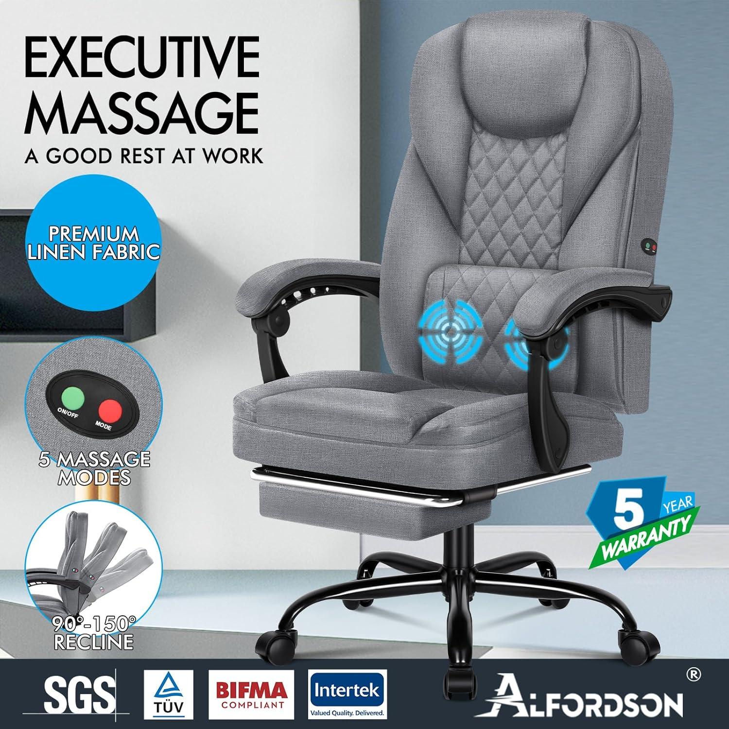 ALFORDSON Avery Fabric Grey Office Chair with 150&deg; Recline & 2-Point Massage, Ergonomic Computer Desk Chair with SGS Approved Gas-Lift, Executive Home Desk Chair Video Game Chair image number 4