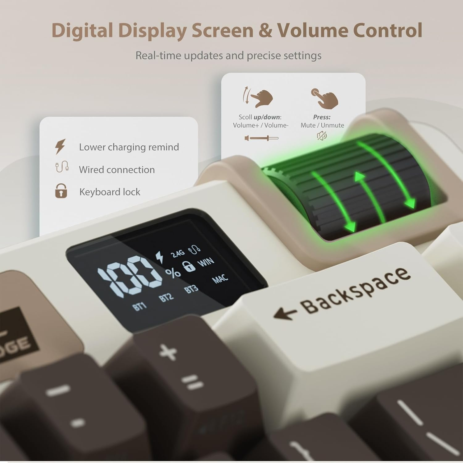 RK ROYAL KLUDGE M70 Mechanical Keyboard 2.4Ghz/Bt5.1/Wired 70 Keys Wireless Gaming Keyboard Gasket Mounted ABS Keycaps Cream Switch Brown image number 3