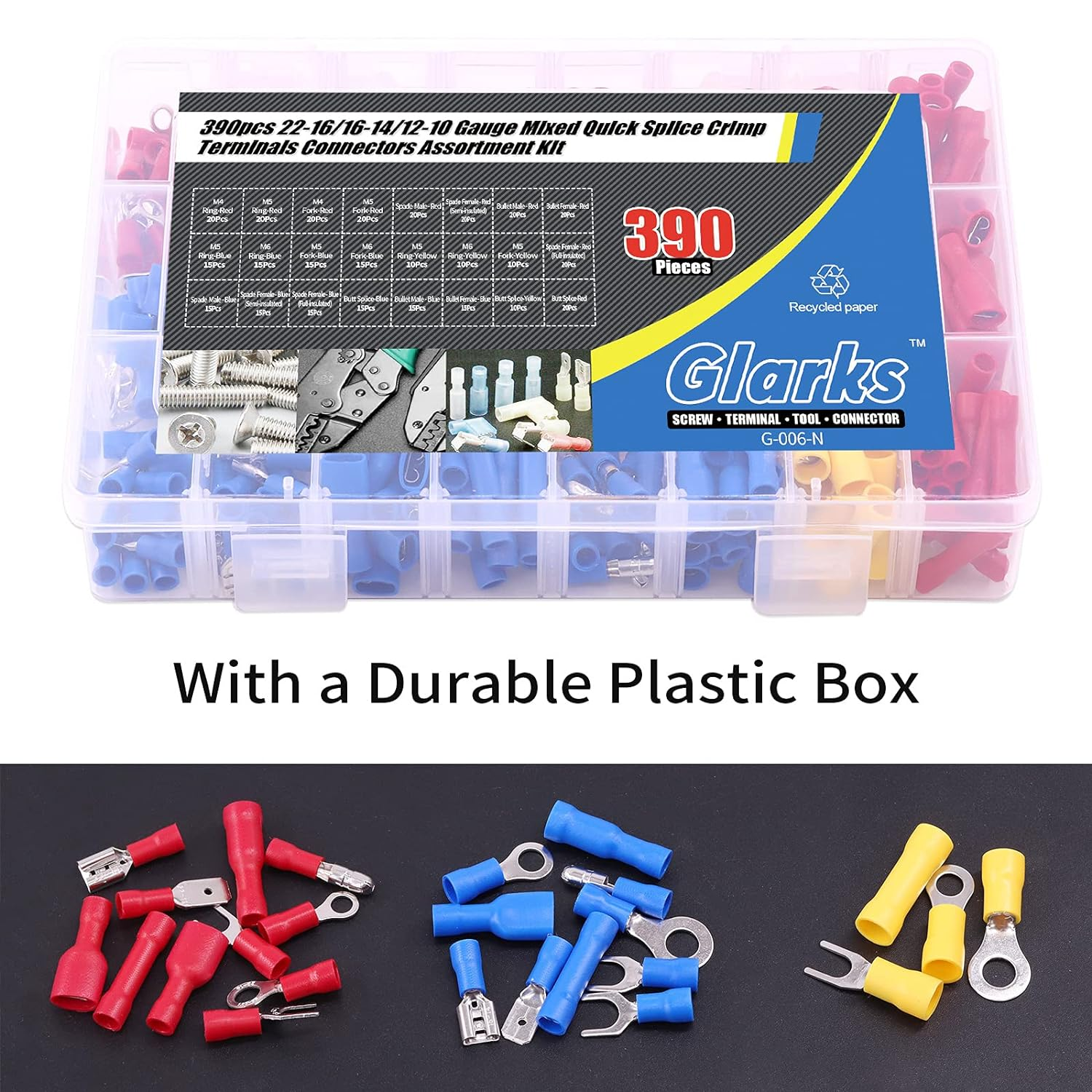 Glarks 355Pcs 22-16/16-14/12-10 Gauge Mixed Quick Disconnect Electrical Insulated Butt Bullet Spade Fork Ring Solderless Crimp Terminals Connectors Assortment Kit image number 5