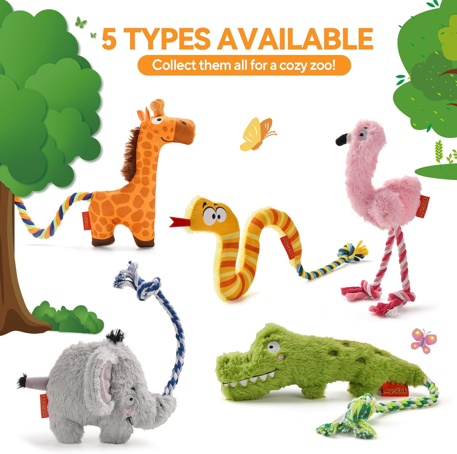 AUSCAT Squeaky Plush Dog Toys, Dog Rope Toy, Tug Toys for Small Medium Dogs, Snake image number 5