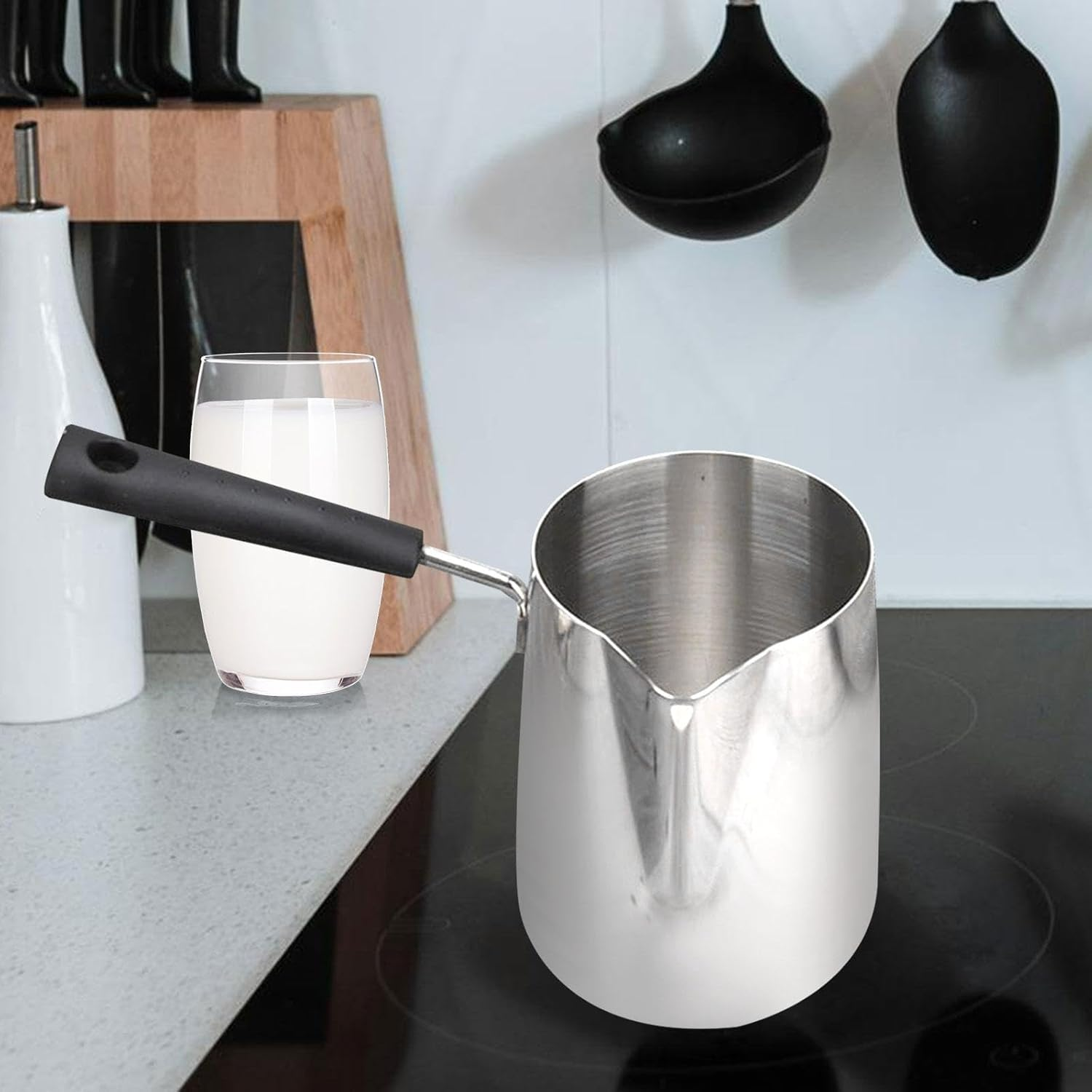 Folpus Milk Frothing Pitcher Jug Espresso Latte Art Cup Coffee Bar Accessories Long Handle Milk Jug for Hotel Warm Tea Hot Chocolate, 250Ml image number 1