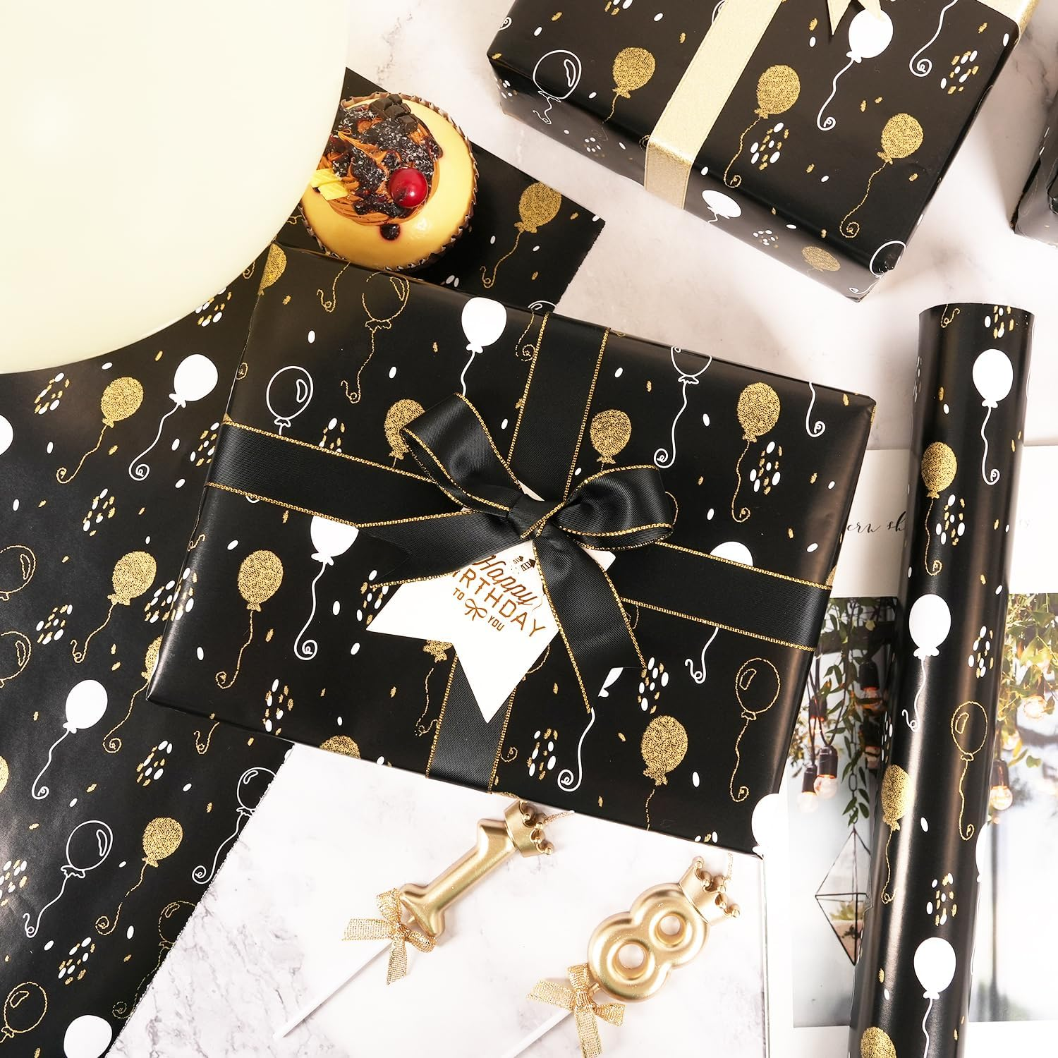 Birthday Gift Wrapping Paper Roll - Metallic Gold Black Wrapping Paper - Black Gold White Balloon Designs Gift Wrap for Birthday Baby Shower Holiday Party Decor - Mini Roll-17Inch*33Feet (Black Gold) - Colorful image number 7