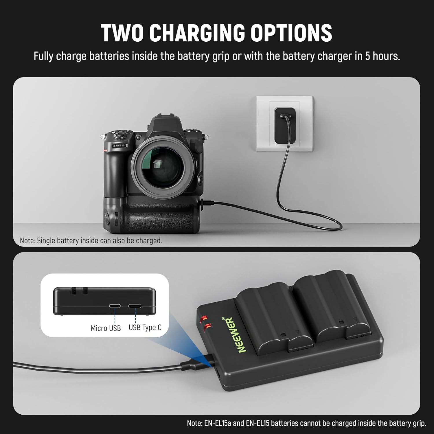 NEEWER MB-N12 Replacement Vertical Battery Grip for Nikon Z8 with 2 Pack En-El15C 2400Mah Replacement Batteries & USB Dual Channel Charger Set, Hot Swappable Vertical Shooting Extended Power image number 4